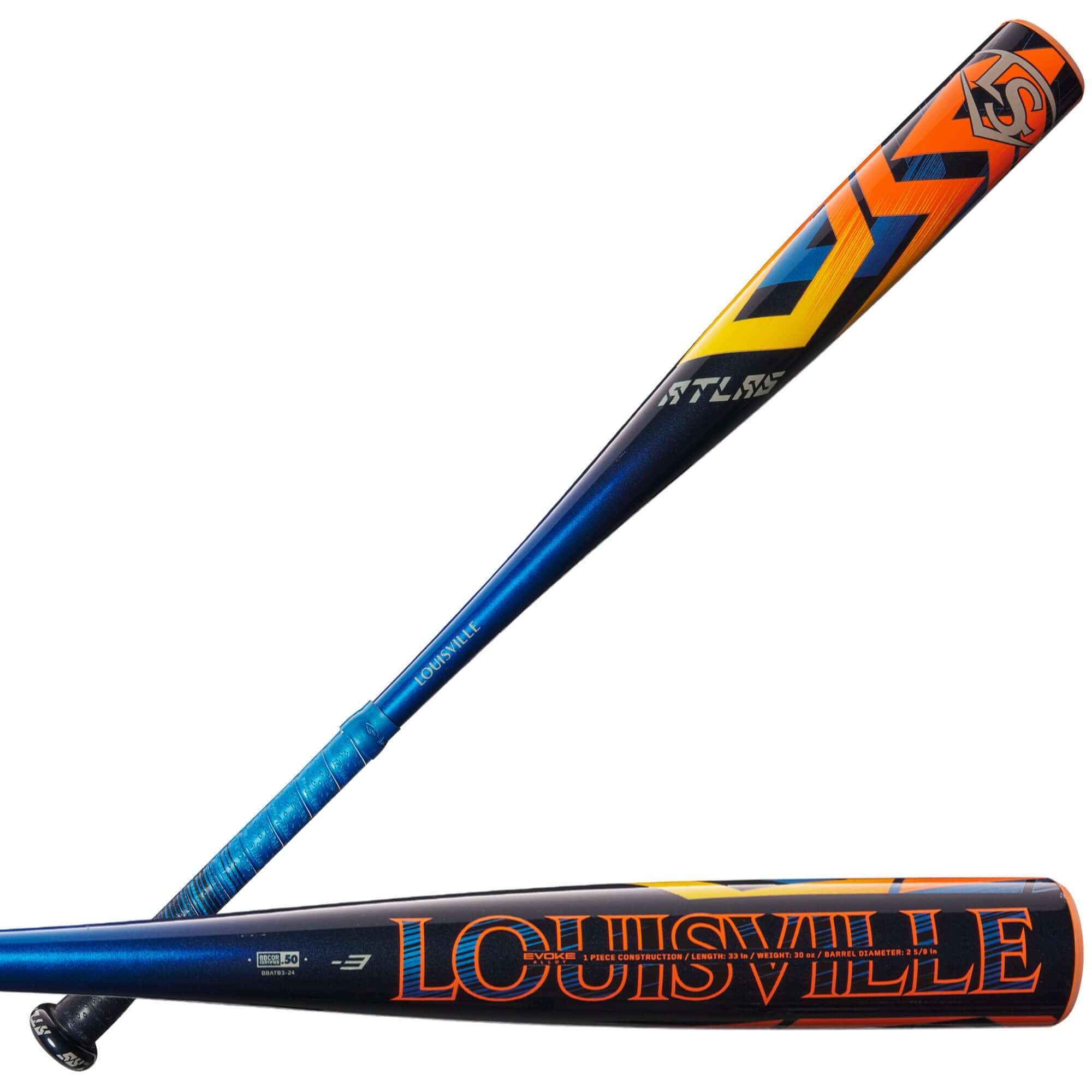 Louisville Slugger 2024 Atlas (-3) BBCOR baseball bat featuring variable barrel thickness and a striking design.