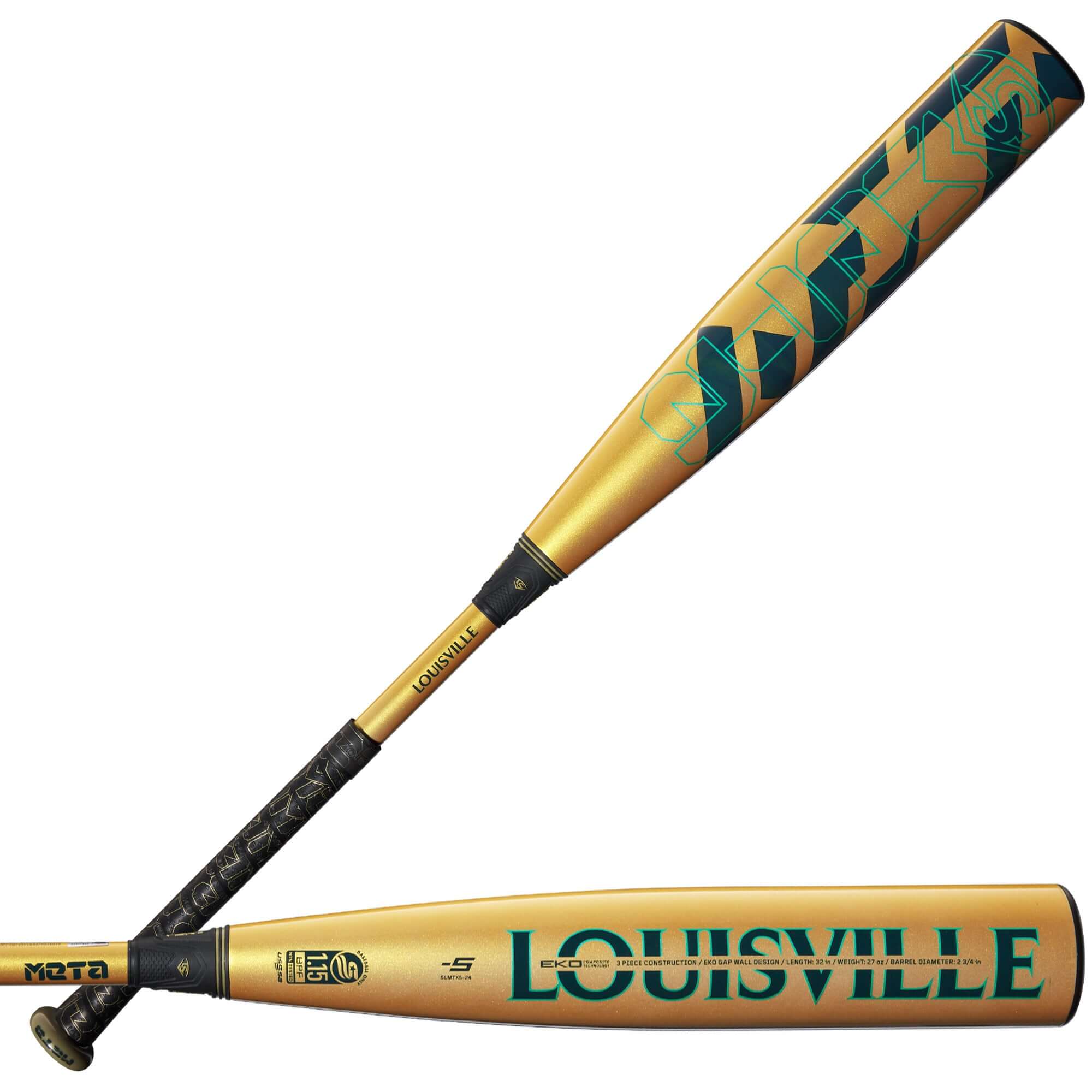 Louisville Slugger 2024 Meta (-5) 2 3/4 USSSA Baseball Bat with gold design and large barrel for optimal hitting performance.