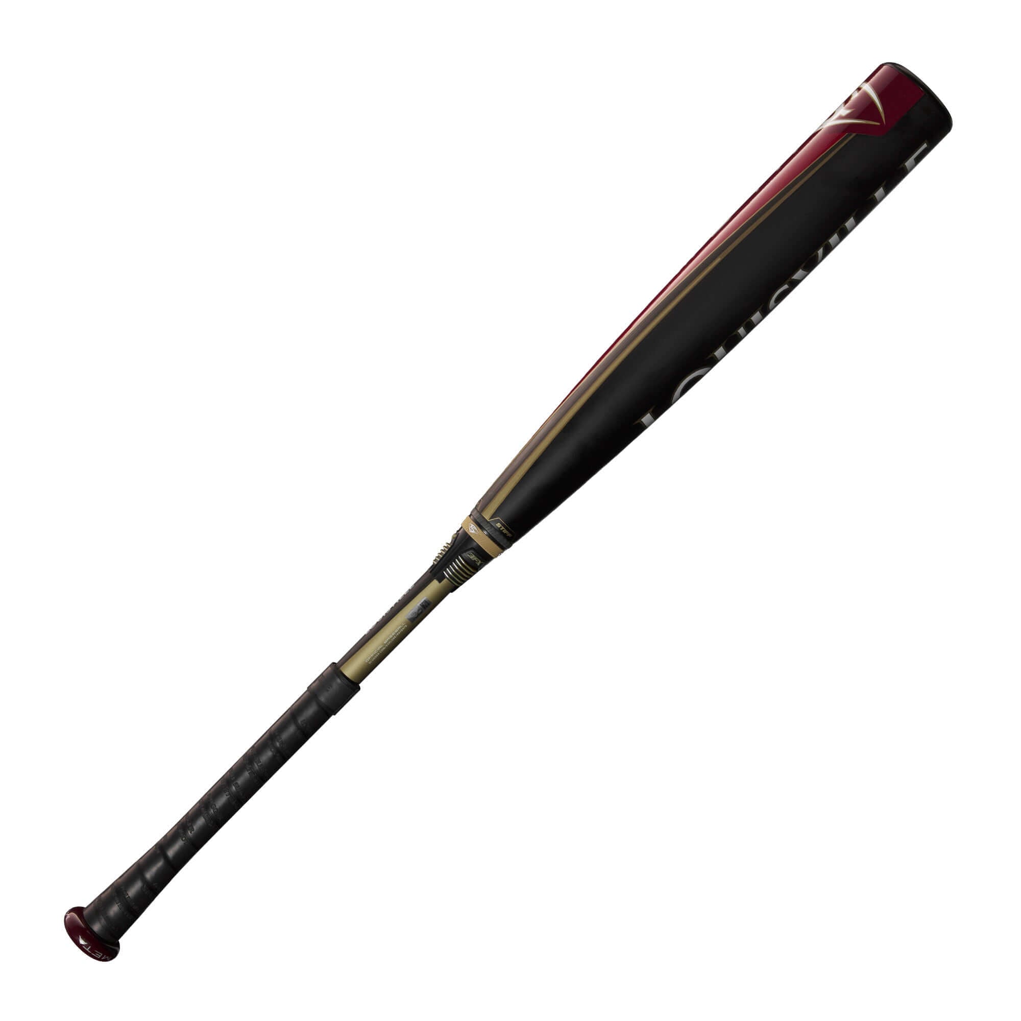 Louisville Slugger Meta 2025 BBCOR baseball bat with black and red design, showcasing its EKO Composite Barrel for power.