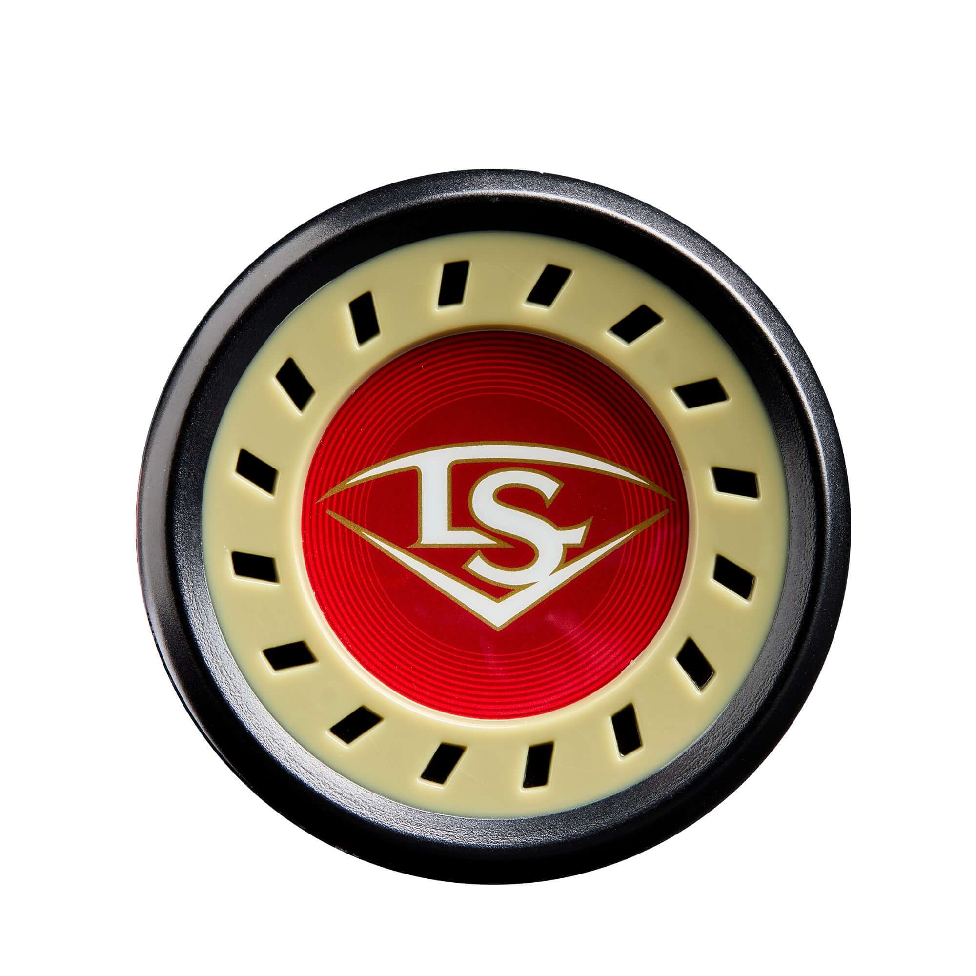 Close-up of Louisville Slugger logo on a red and black bat knob, showcasing the classic LS design.
