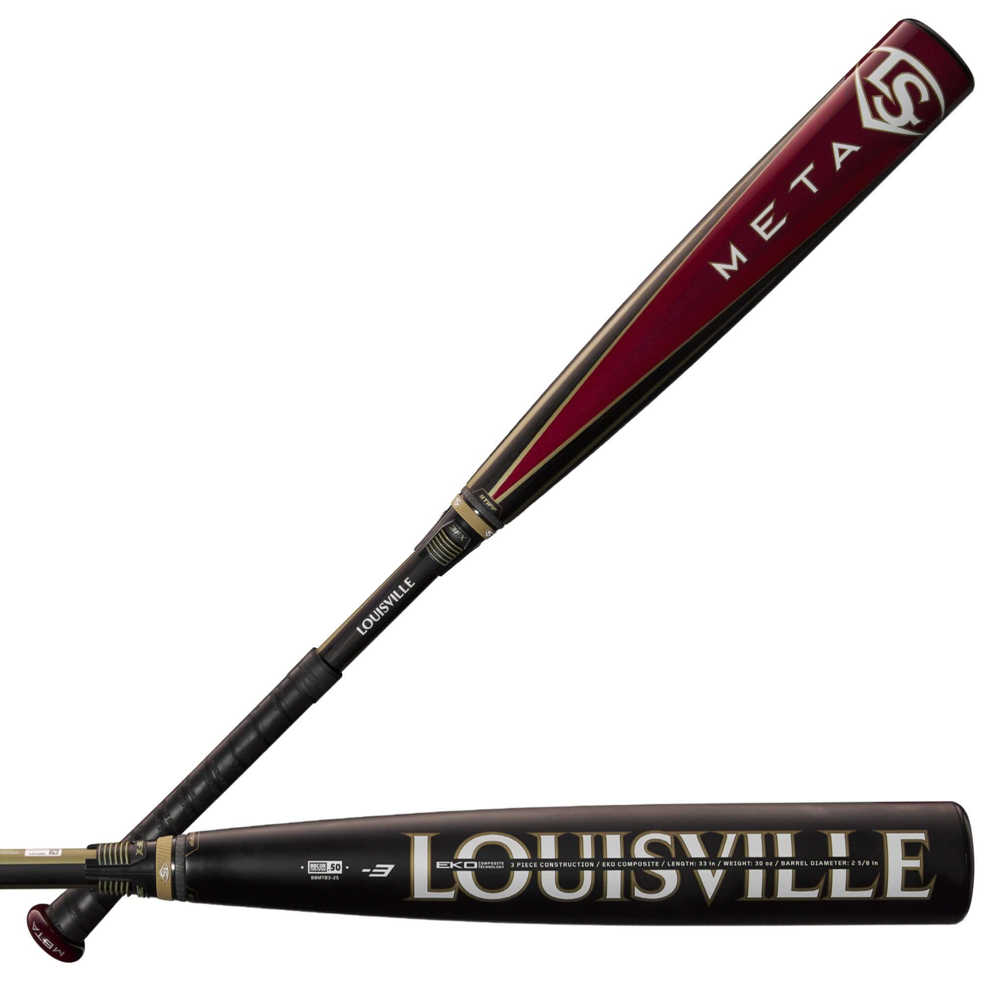 Louisville Slugger Meta 2025 BBCOR (-3) Baseball Bat with composite design for speed and control.