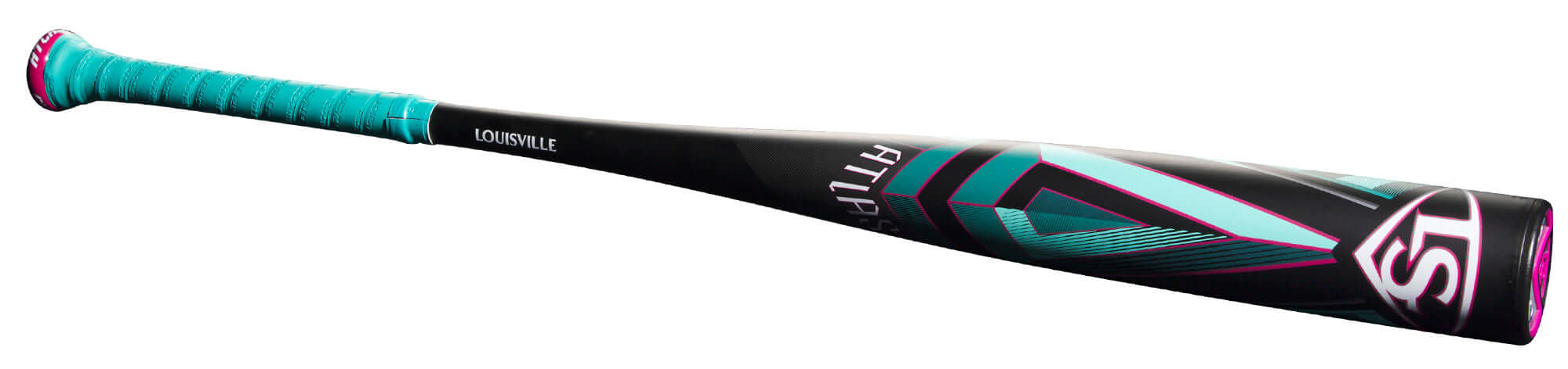 Louisville Slugger Atlas 2025 BBCOR bat with teal grip and sleek black design, optimized for elite performance.