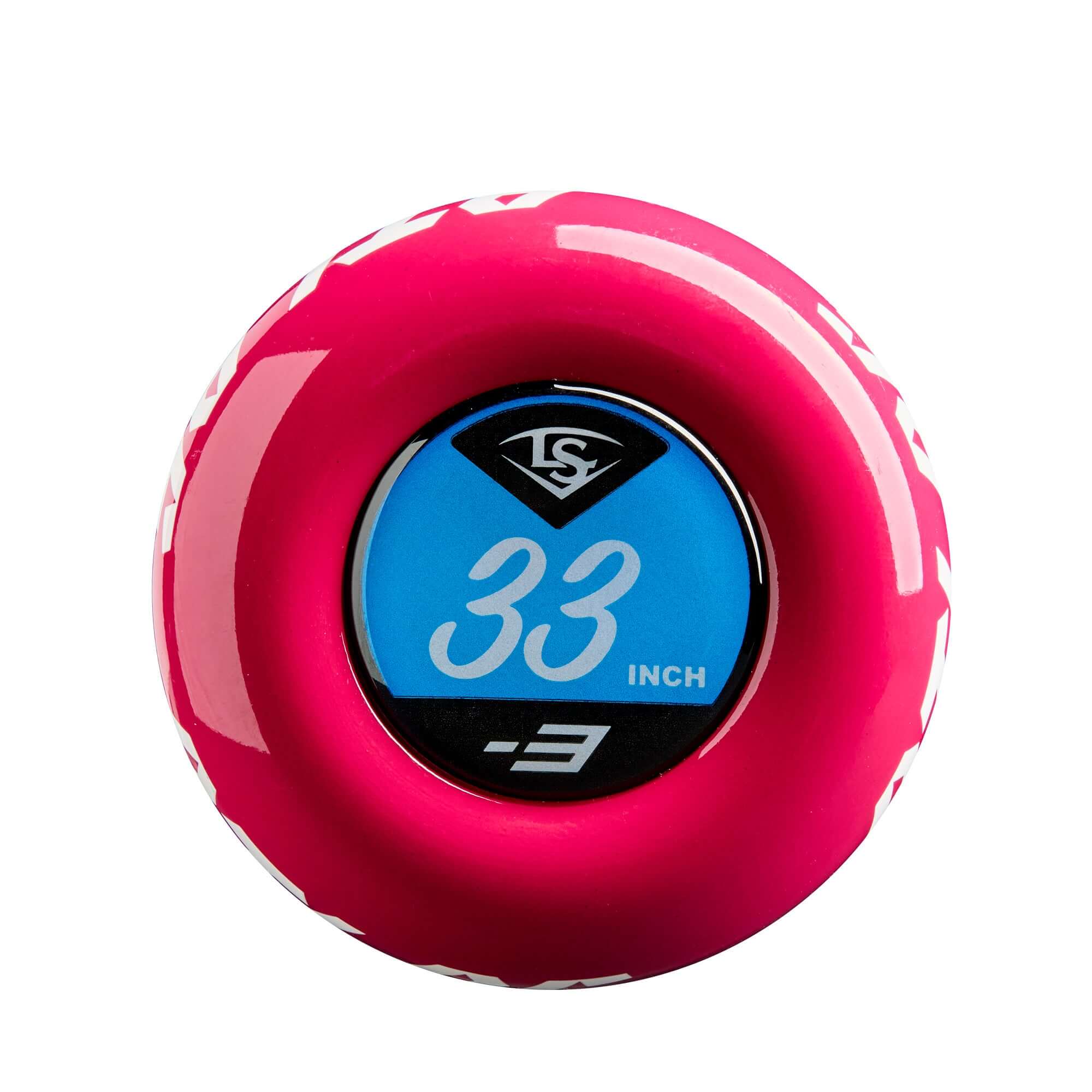 Louisville Slugger Atlas 2025 BBCOR bat end cap showing 33 inch and -3 specifications in vibrant pink design.