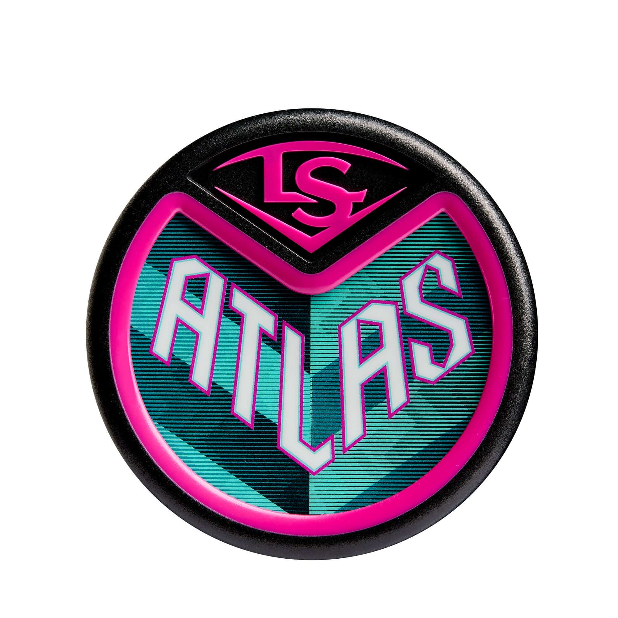 Louisville Slugger Atlas logo in vibrant pink and teal design, showcasing the innovative BBCOR bat branding.