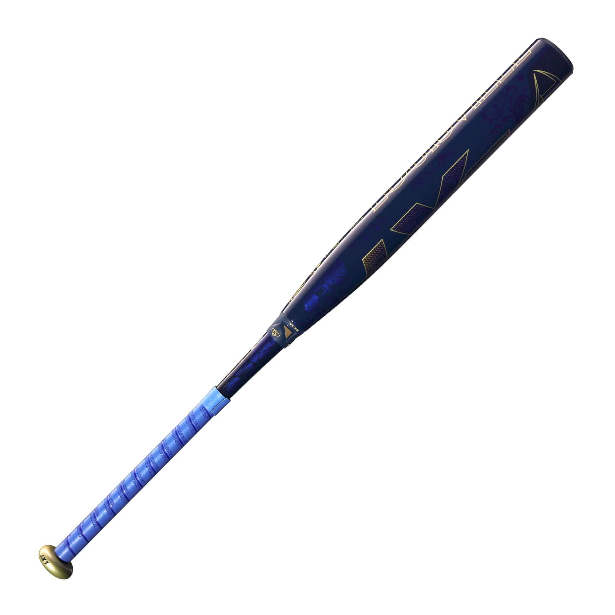 Louisville Slugger LXT 2025 Fastpitch Bat (-11) showcasing blue and gold design for enhanced performance.