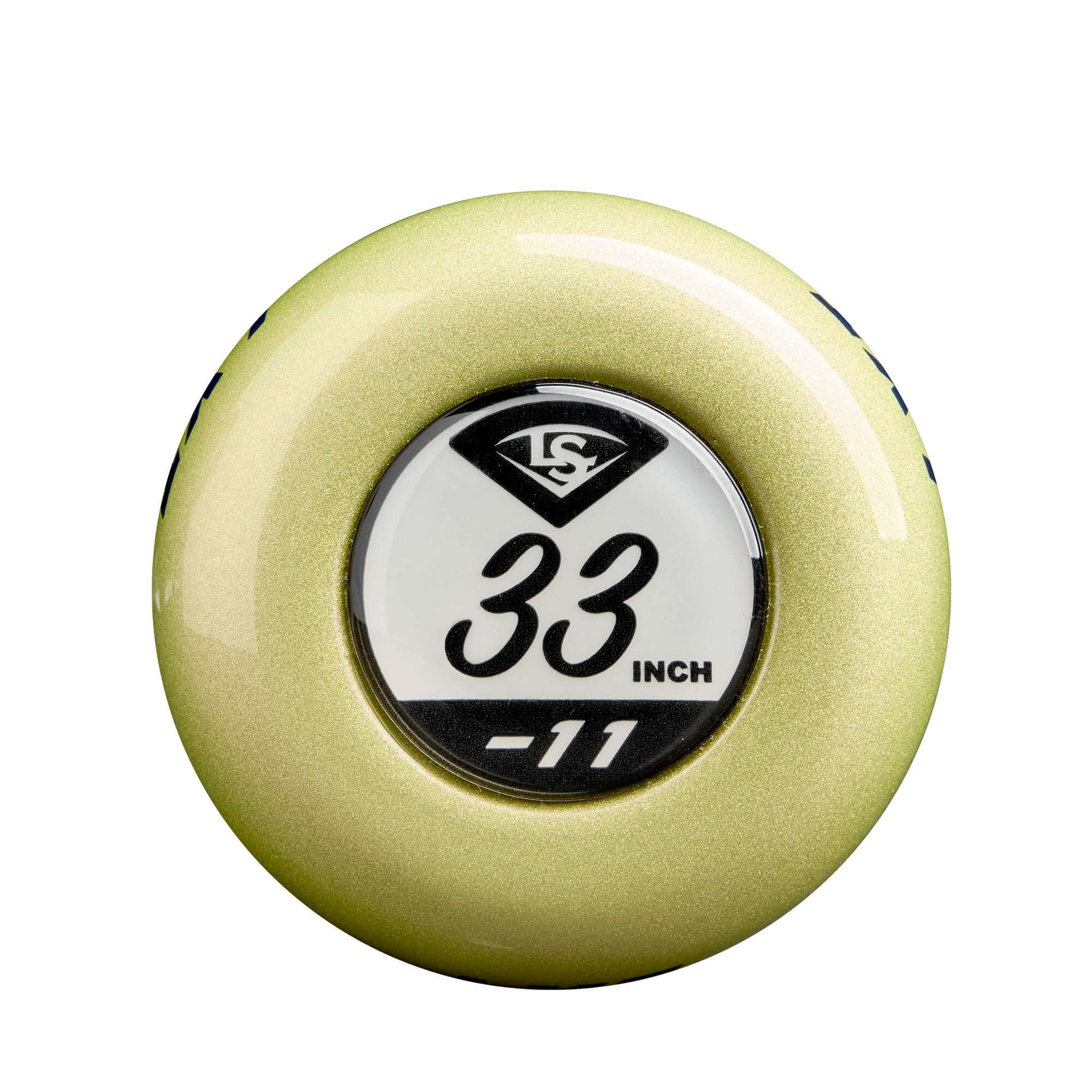 Close-up of Louisville Slugger LXT 2025 Fastpitch Bat knob, featuring 33-inch size and -11 weight.