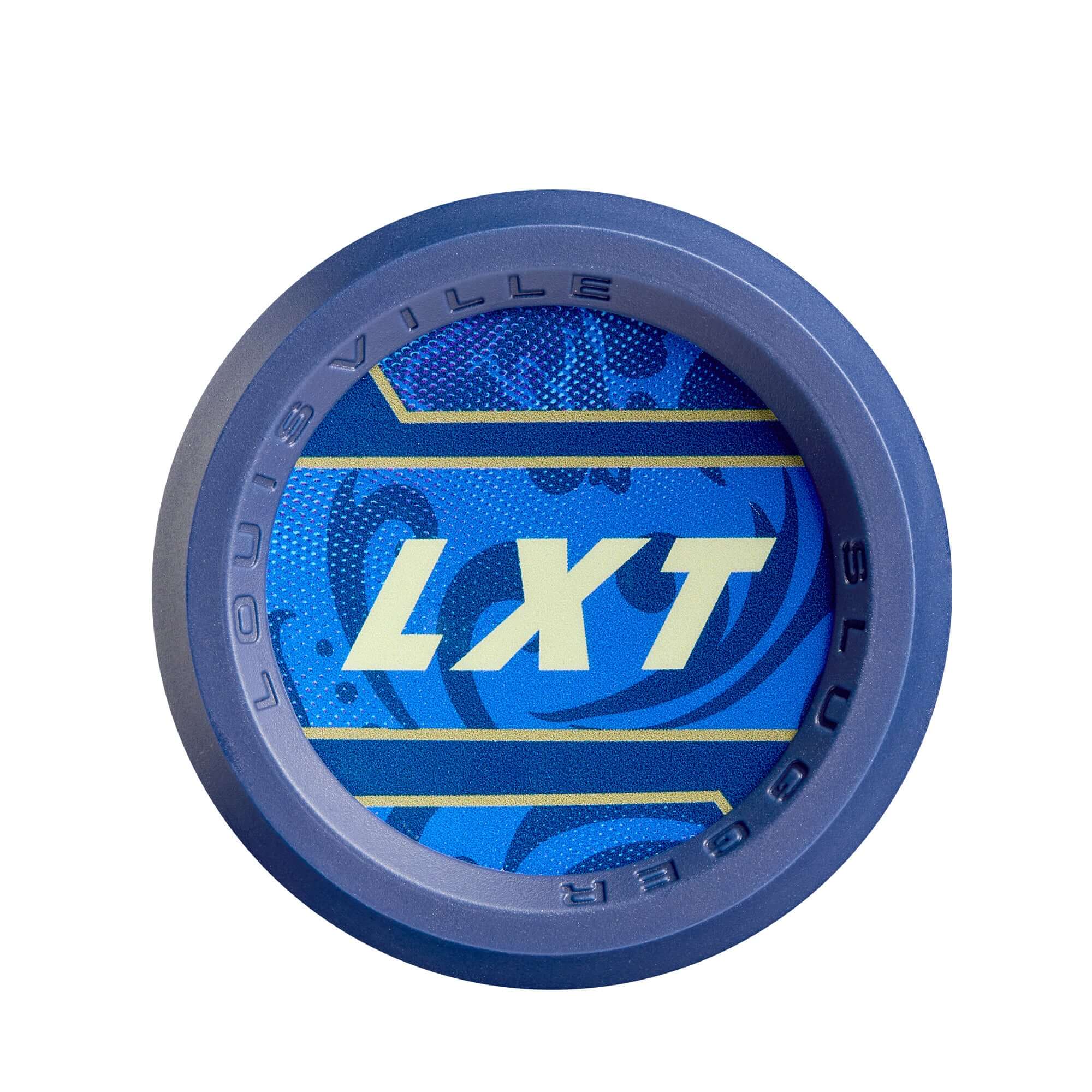 Louisville Slugger LXT 2025 fastpitch bat logo in blue and yellow on a round design.