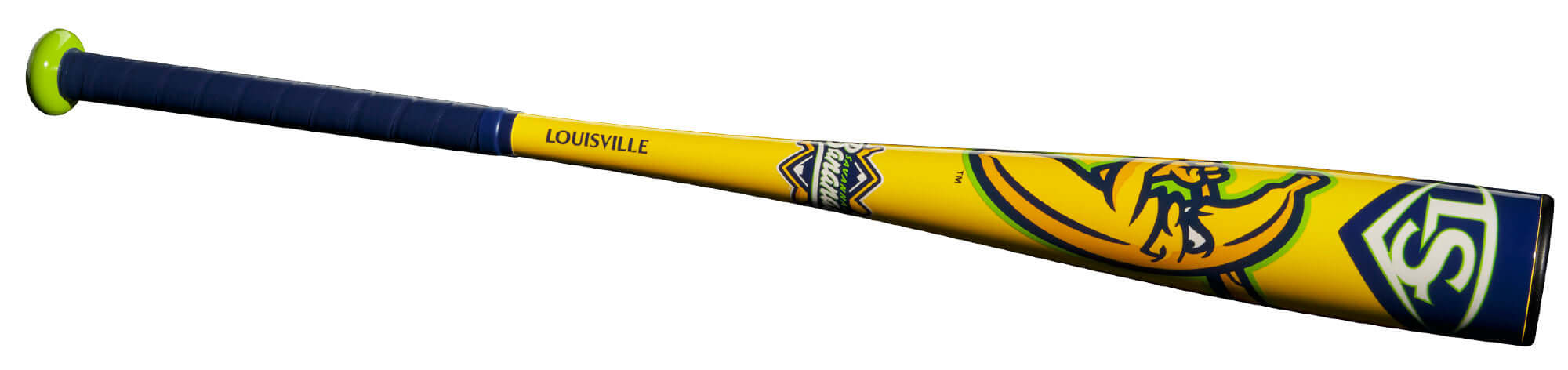 2025 Louisville Slugger Savannah Bananas (-10) USA Baseball Bat in vibrant yellow and blue design.