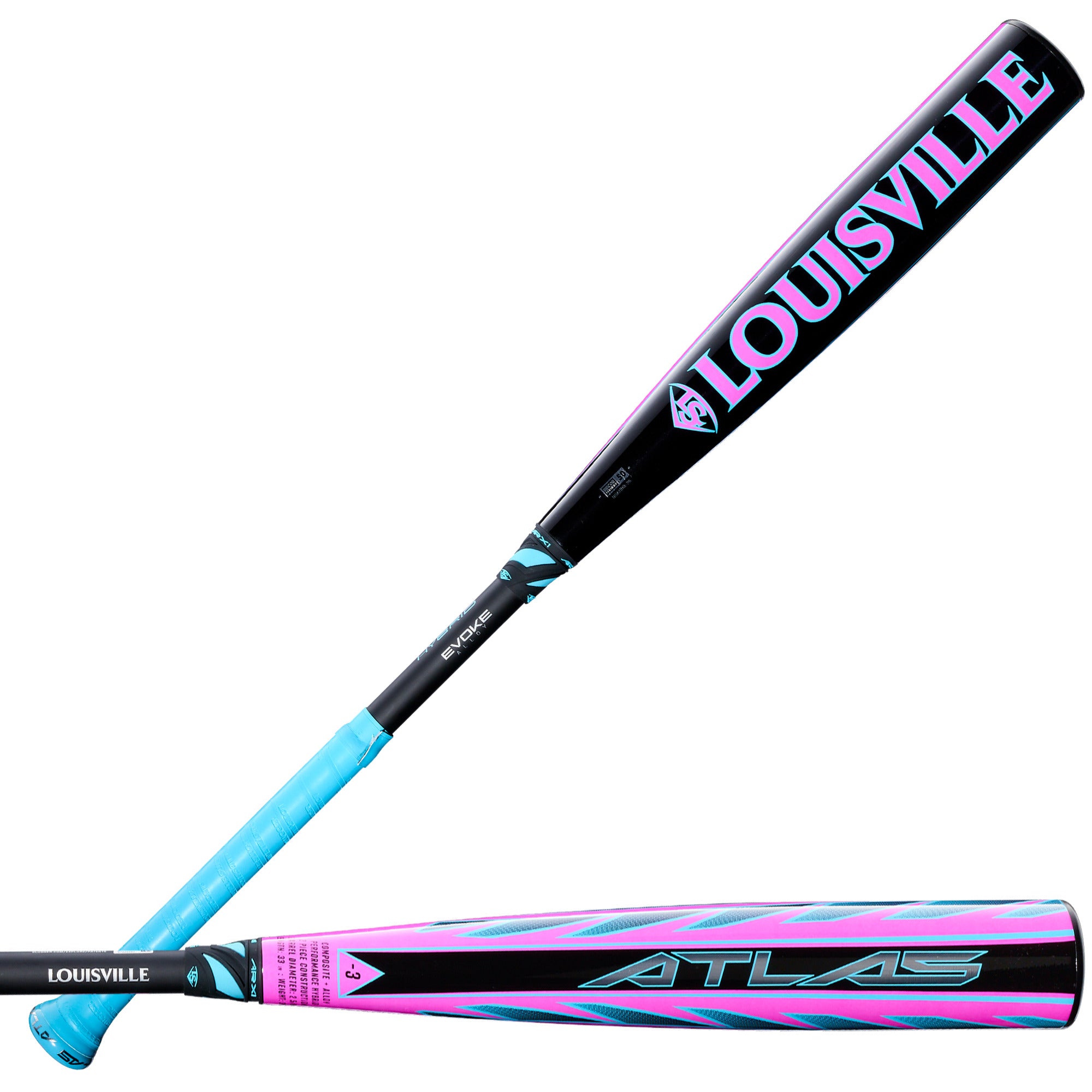 2026 Louisville Slugger Atlas Hybrid (-3) BBCOR Baseball Bat front and back view with alloy barrel