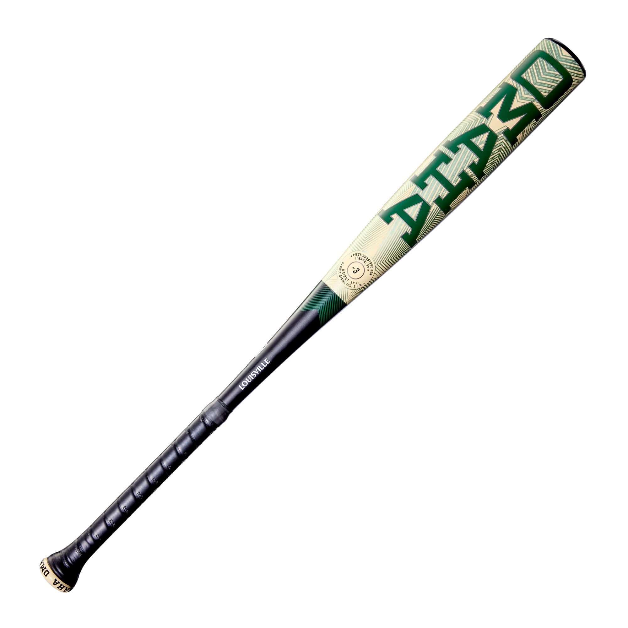 2026 Louisville Slugger Omaha (-3) BBCOR Baseball Bat 32.5" DEMO side profile, showcasing green graphics on barrel