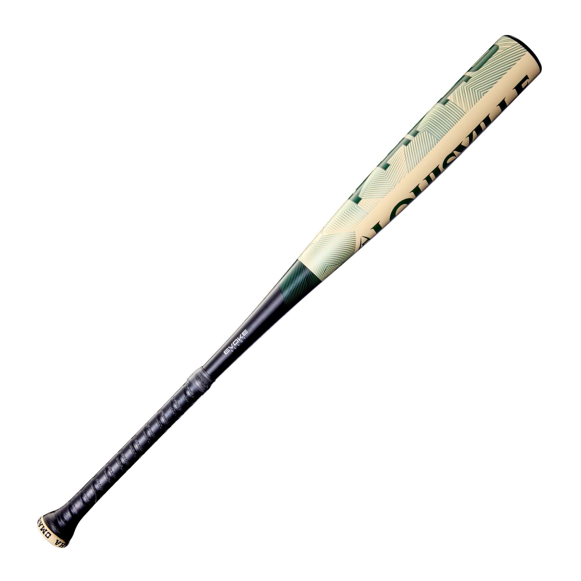 Right side angle of Omaha BBCOR Bat showing EVOKE barrel alloy texture, AI-engineered design, and balanced power taper.