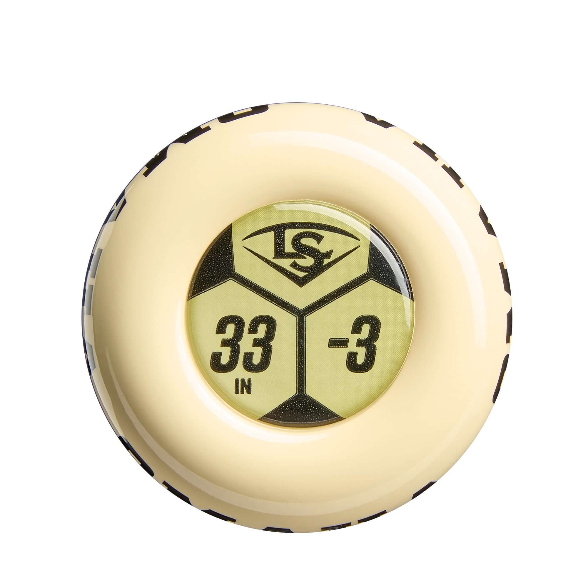 End cap view of 2026 Louisville Slugger Omaha (-3) BBCOR Baseball Bat 32.5" DEMO with LS logo and drop weight marking.