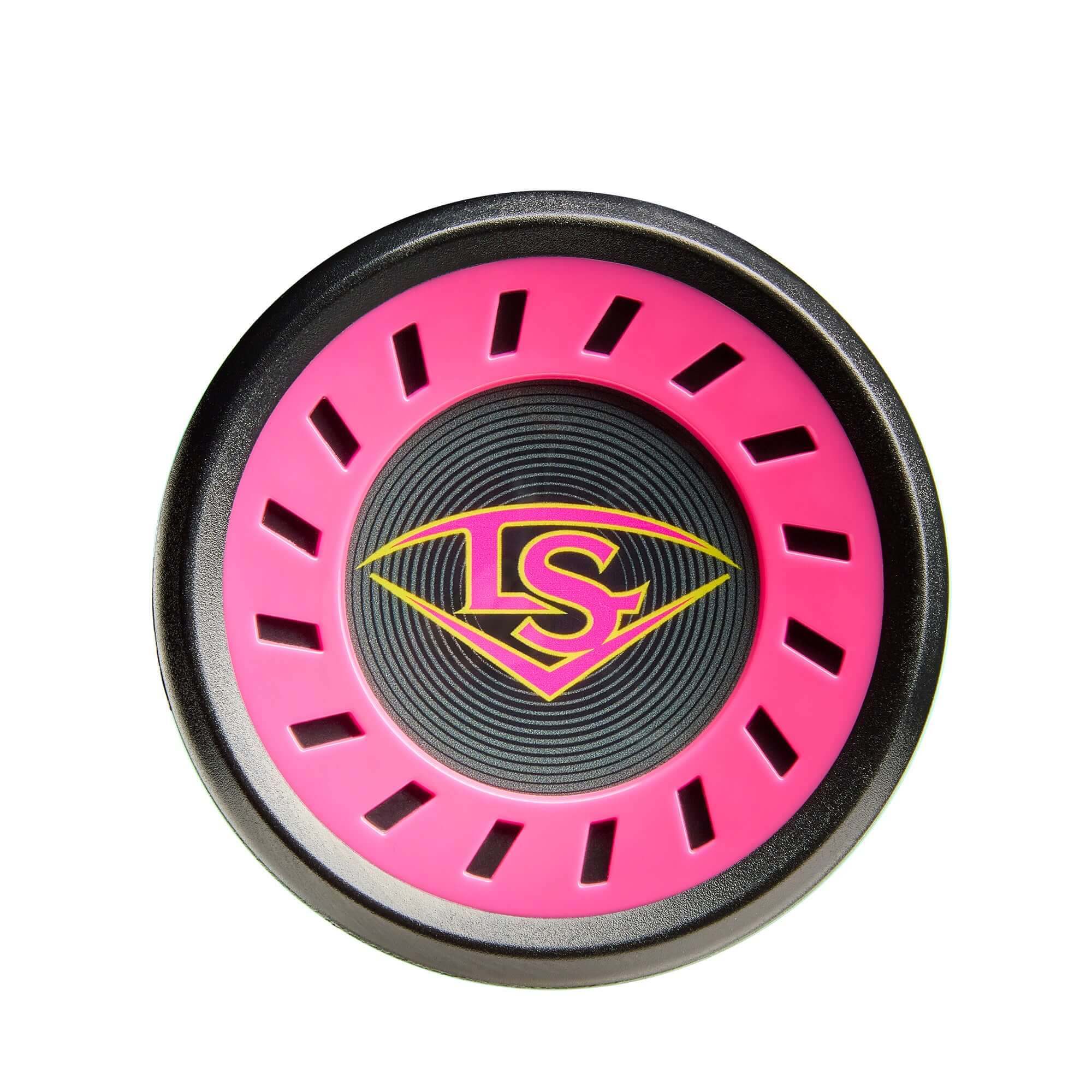 Top view of the Louisville Slugger pink and black baseball bat knob with a logo design.