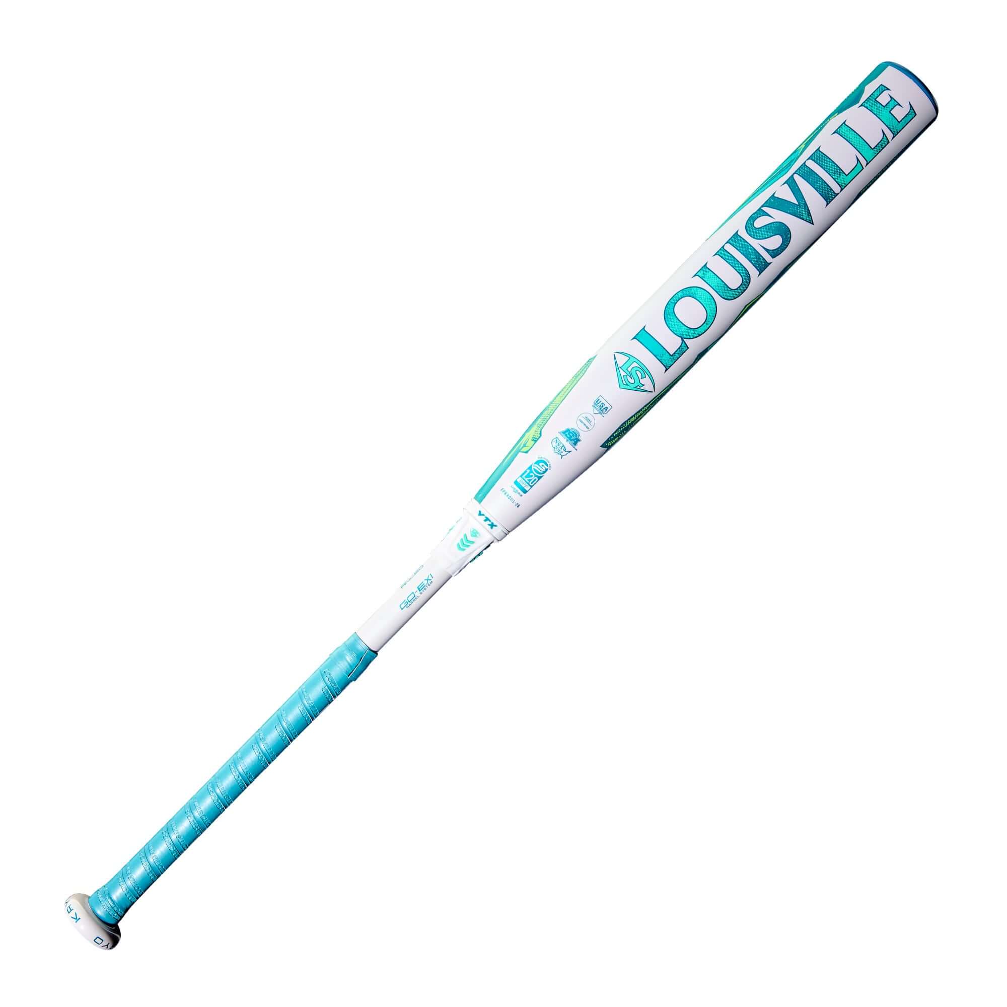 2026 Louisville Slugger Kryo (-11) fastpitch softball bat in teal and white design, ideal for slap hitters and travel ball players.