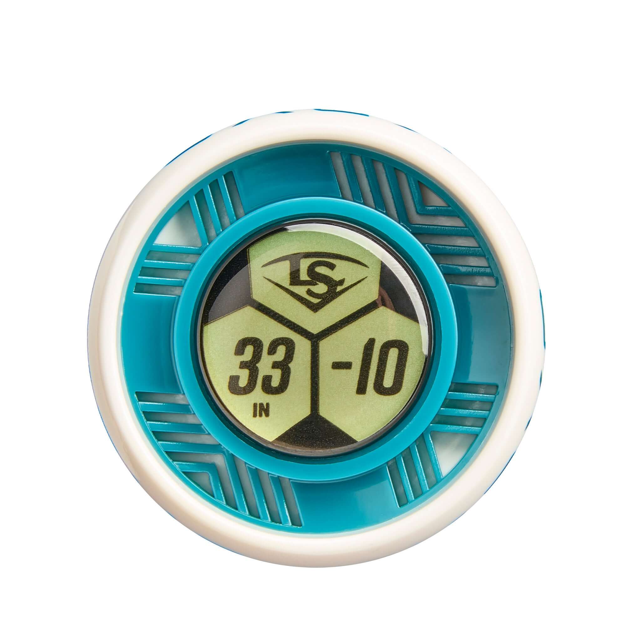 Top view of the 2026 Louisville Slugger Kryo (-10) Fastpitch Softball Bat end cap, showcasing its teal and white design.