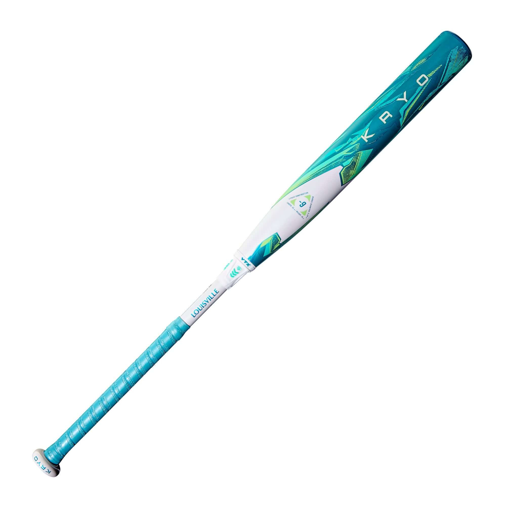 2026 Louisville Slugger Kryo (-9) Fastpitch Softball Bat in teal and white design, featuring a balanced swing weight.
