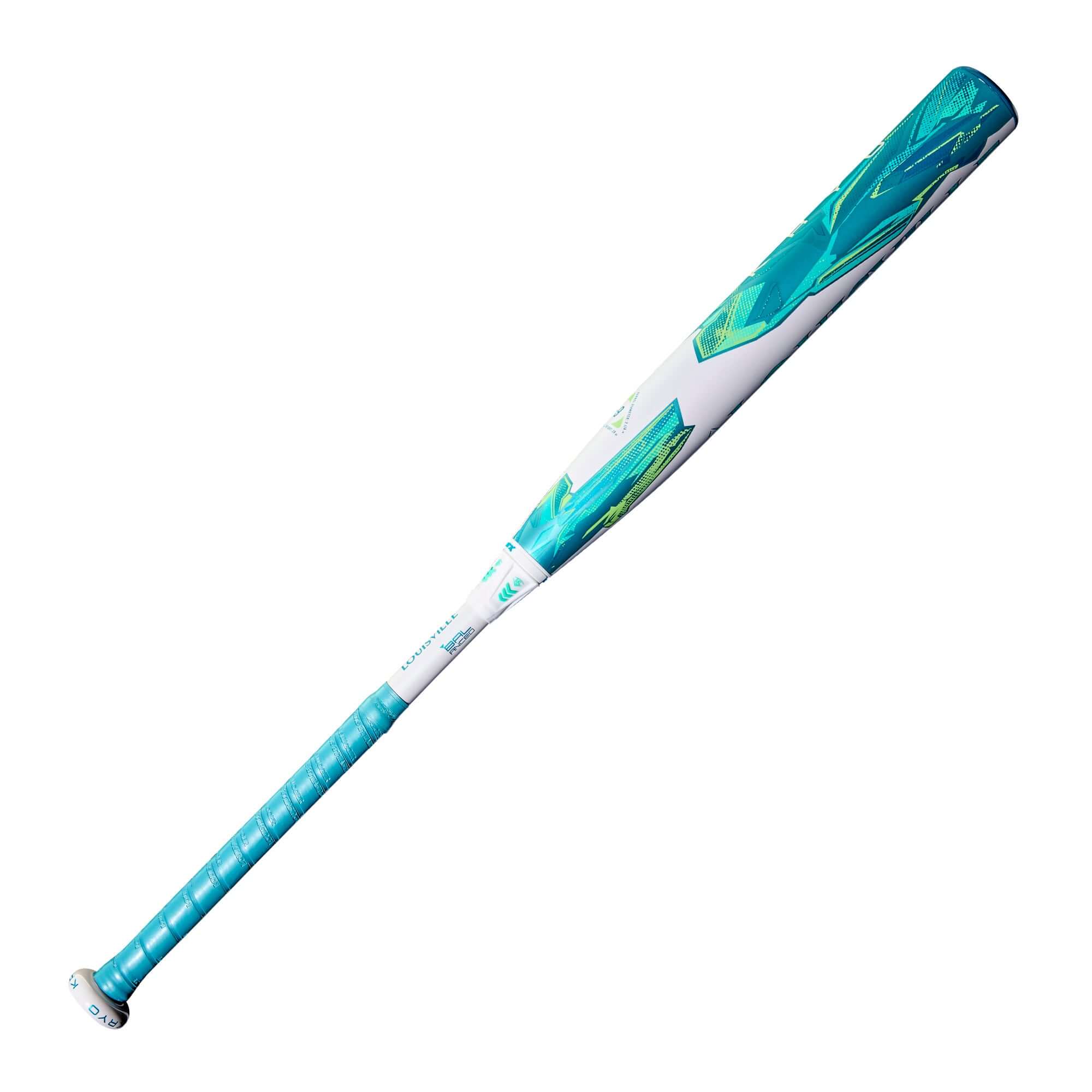 2026 Louisville Slugger Kryo (-9) Fastpitch Softball Bat in teal and white design with unique graphics.