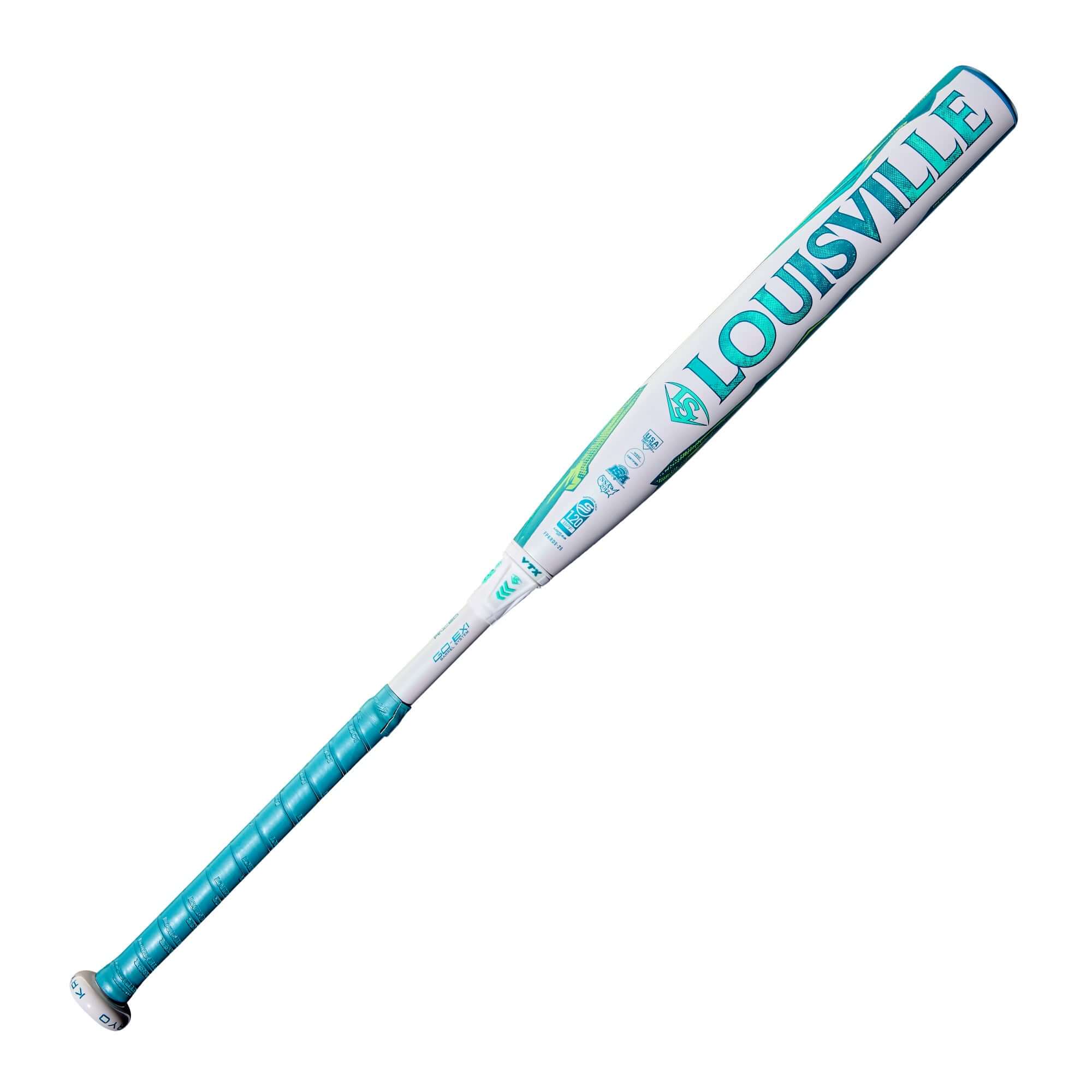 2026 Louisville Slugger Kryo (-9) Fastpitch Softball Bat in teal and white design, showcasing balanced swing weight and power.