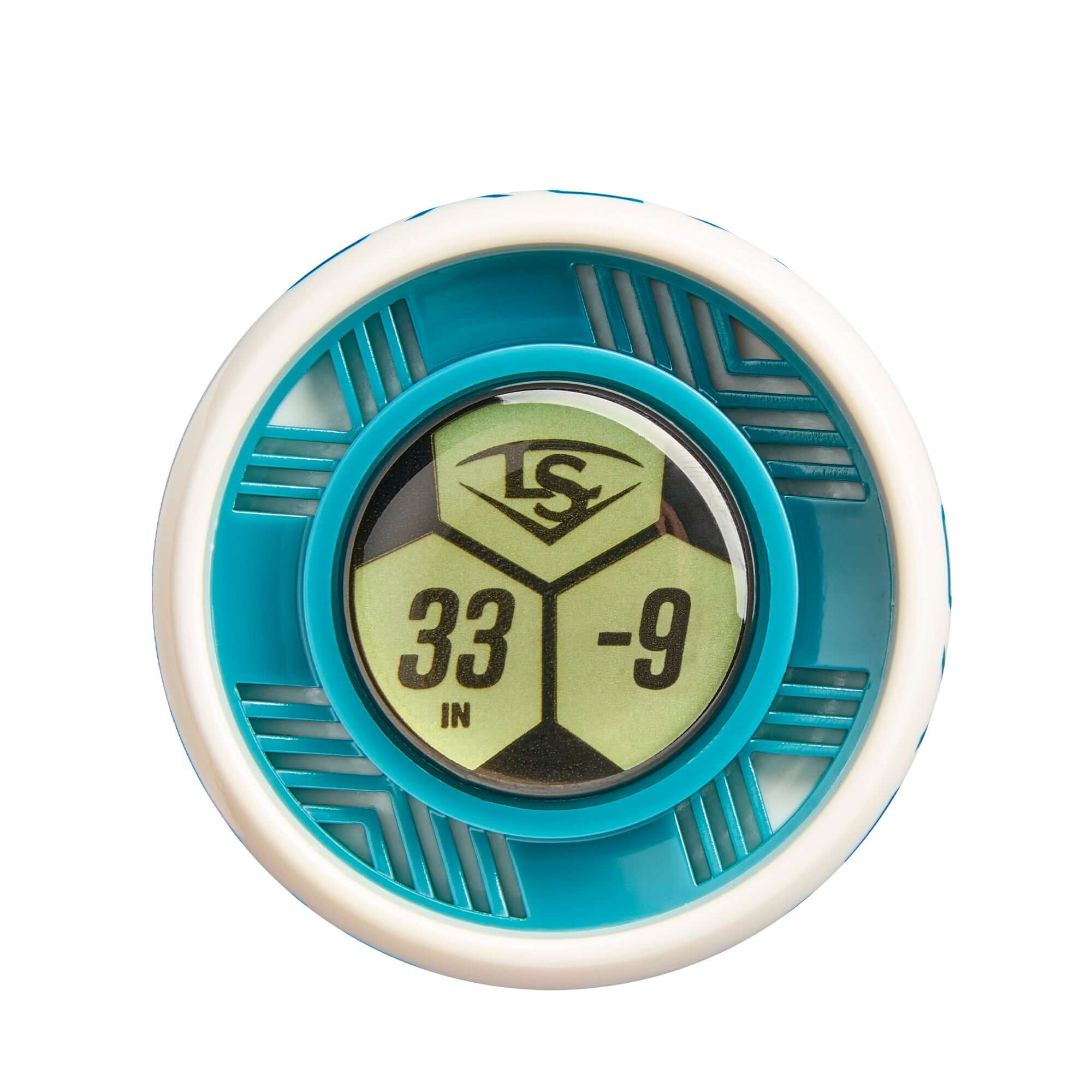 Close-up of the Louisville Slugger Kryo (-9) Fastpitch Bat end cap showing size 33 inches and unique teal design.