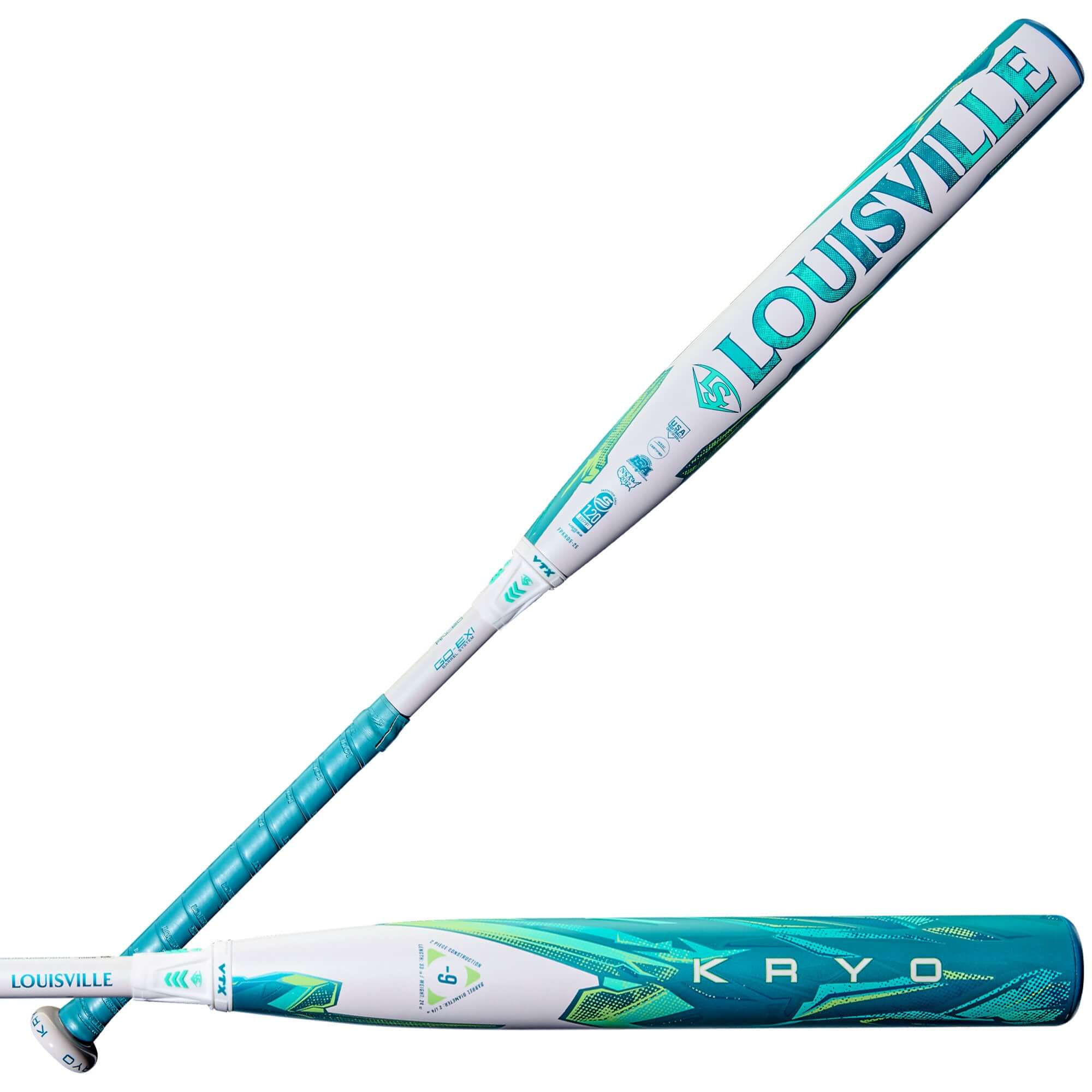2026 Louisville Slugger Kryo (-9) Fastpitch Softball Bat in teal and white design with GO-EX1 Barrel System.