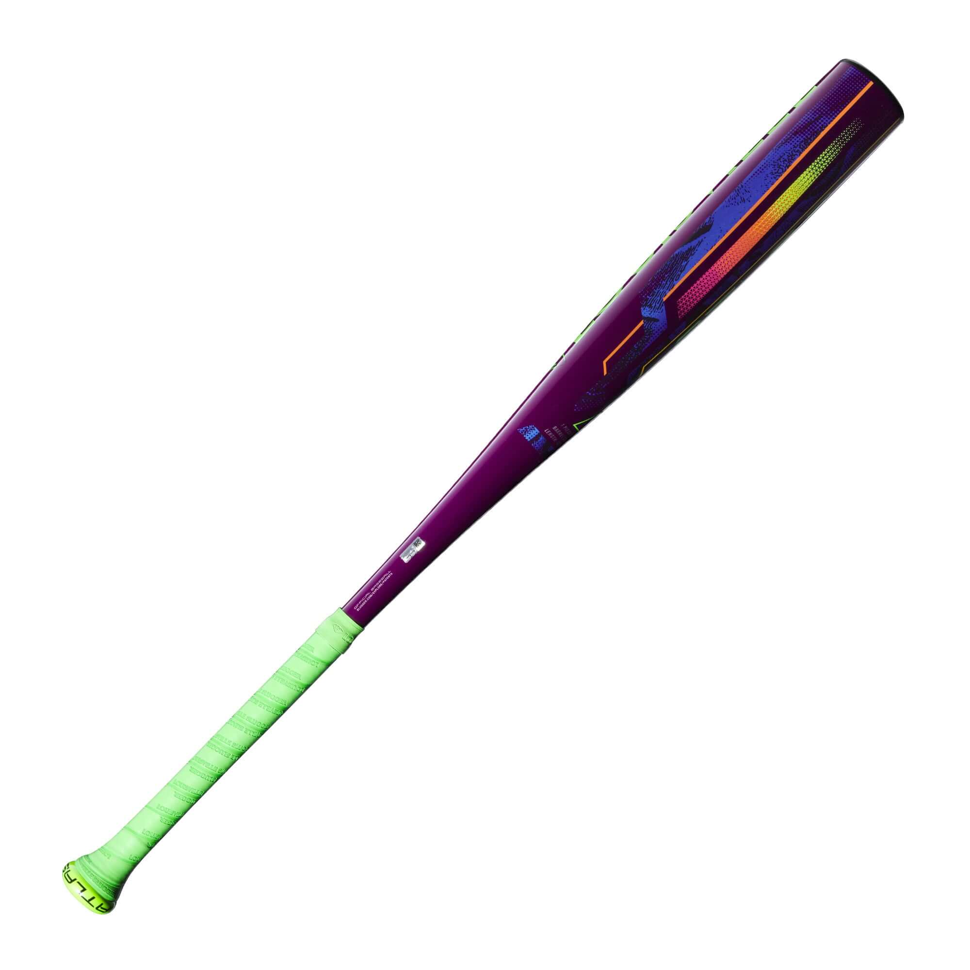2025 Louisville Slugger Atlas CWS (-3) BBCOR Baseball Bat in vibrant purple and neon green design.