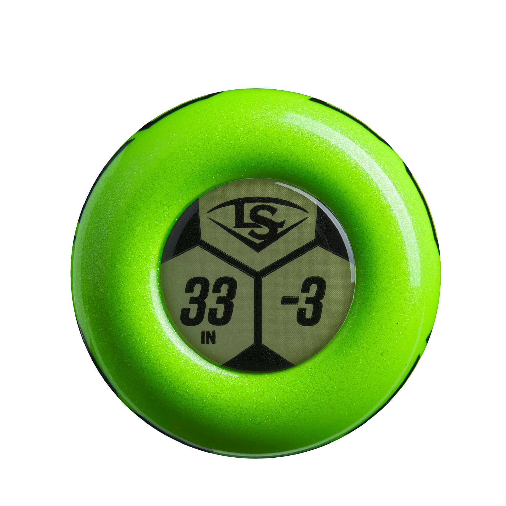 Top view of the 2025 Louisville Slugger Atlas BBCOR Baseball Bat in neon green, showcasing a 33 inch, -3 drop design.