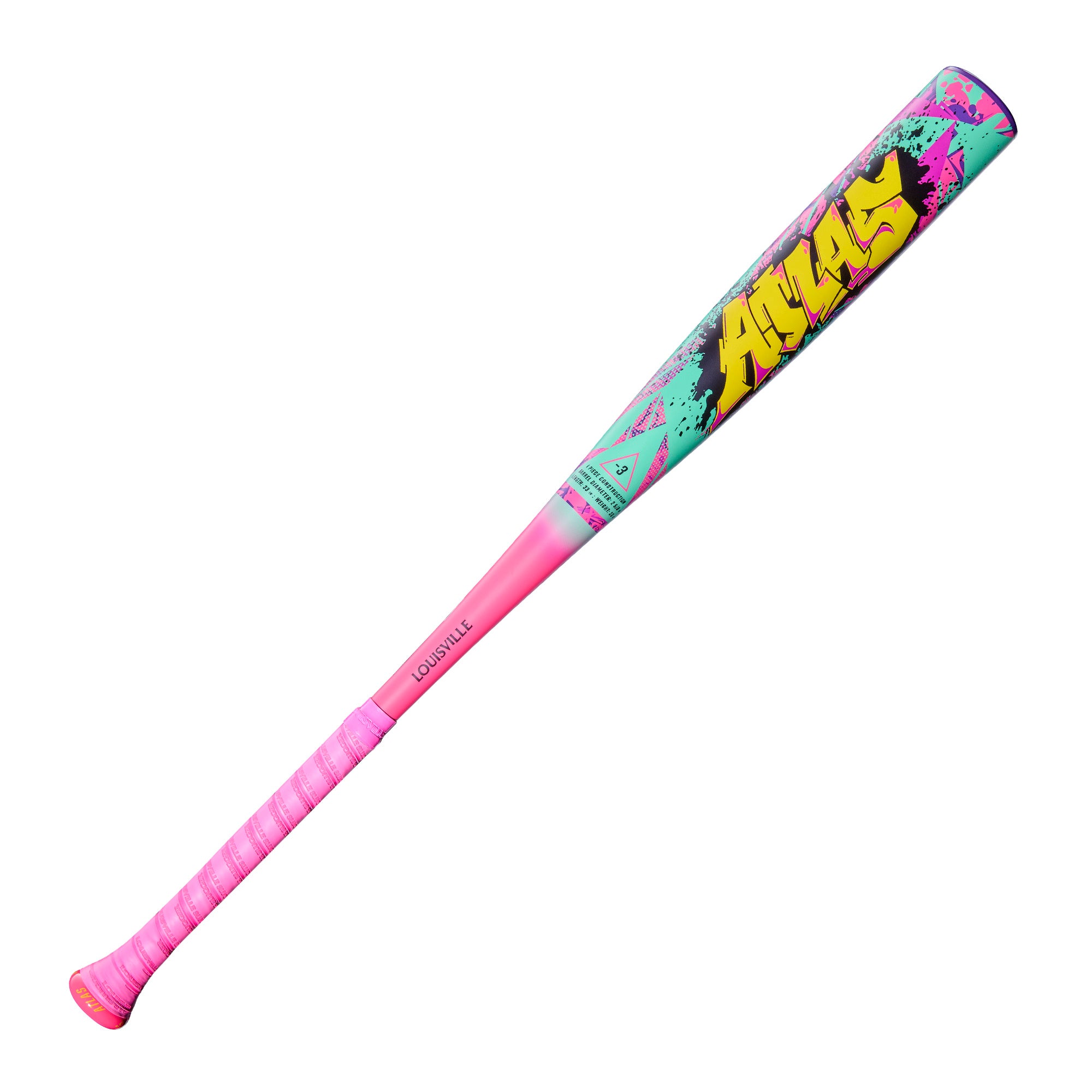 Front view of 2026 Louisville Slugger Atlas Wildstyle (-3) BBCOR Bat highlighting EVOKE Alloy barrel