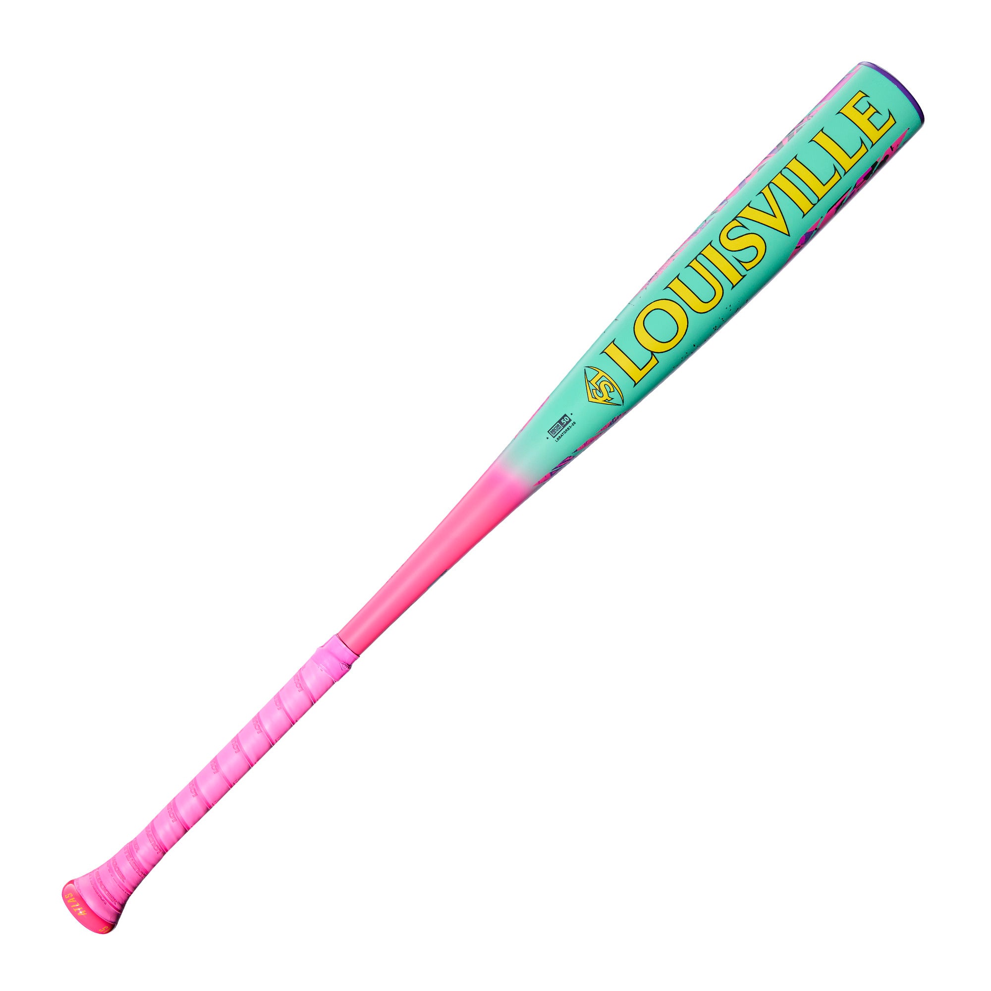 Back view of 2026 Louisville Slugger Atlas Wildstyle BBCOR Bat with vibrant splatter design