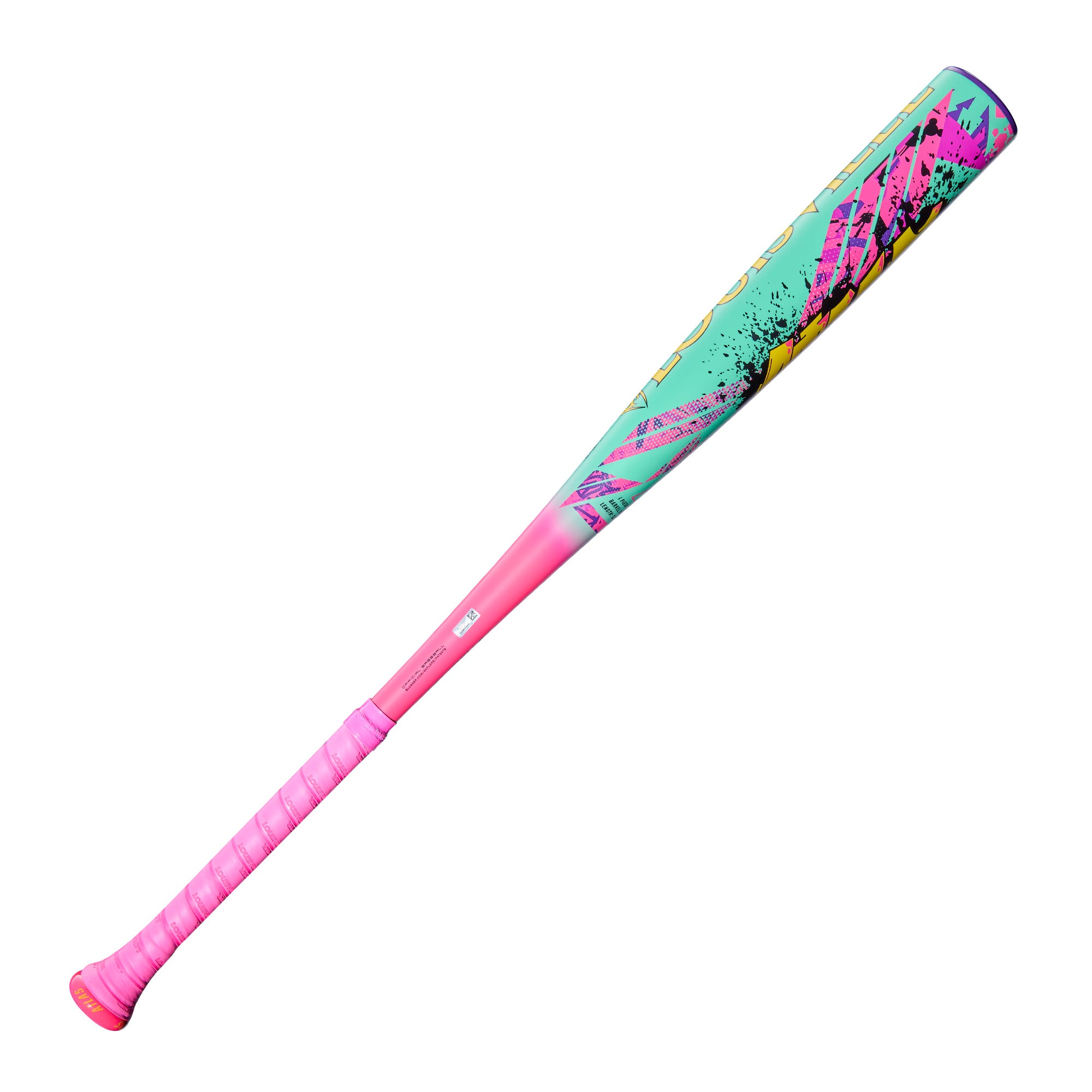 Right barrel view of 2026 Louisville Slugger Atlas Wildstyle (-3) BBCOR Bat showcasing bold graphics