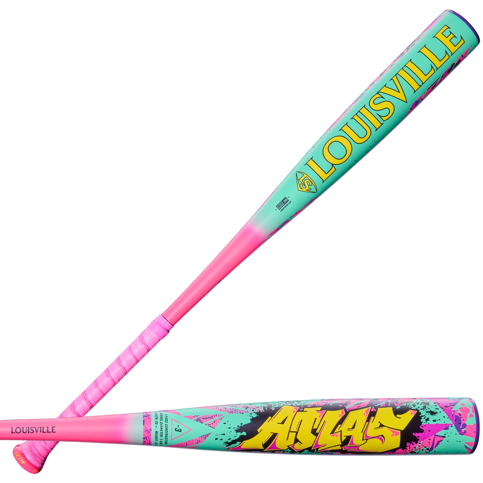 2026 Louisville Slugger Atlas Wildstyle (-3) BBCOR Bat front and back view with graffiti colorway