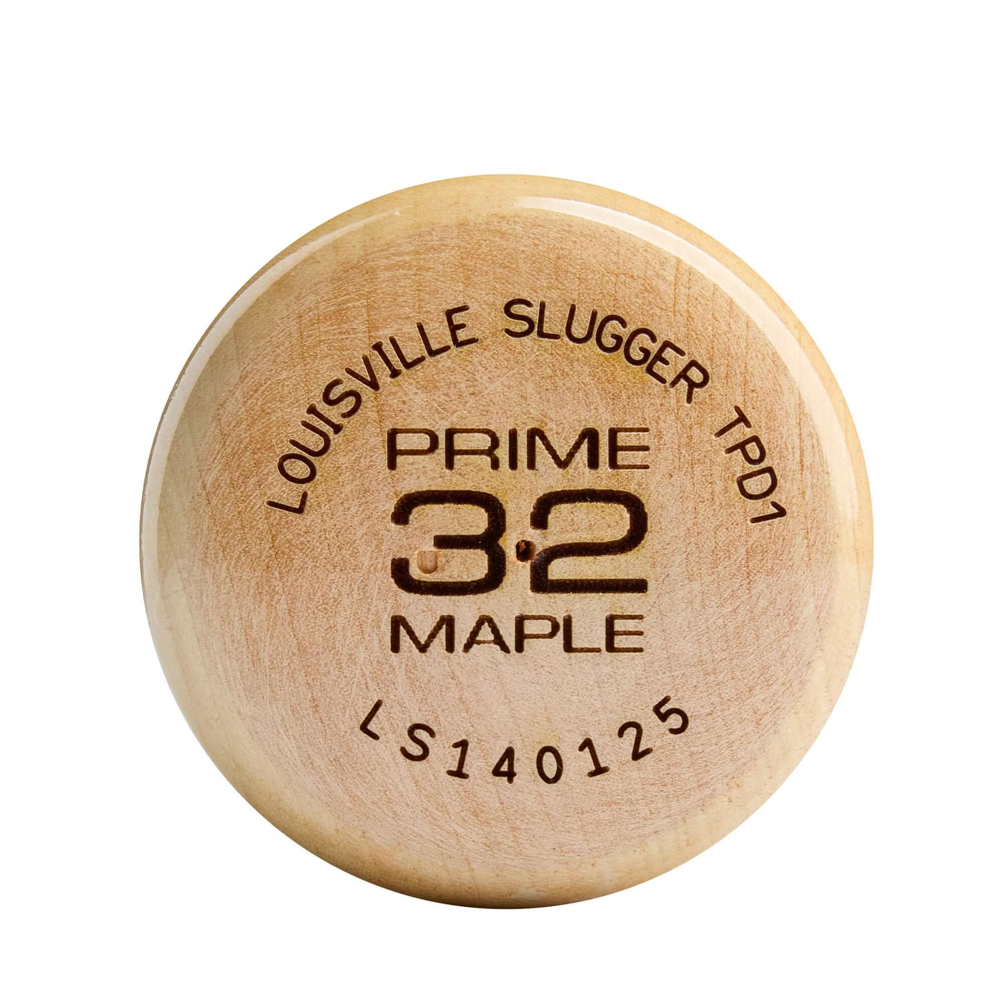 Top view of Louisville Slugger Pro Prime TPD1 natural maple baseball bat showing brand and model details.