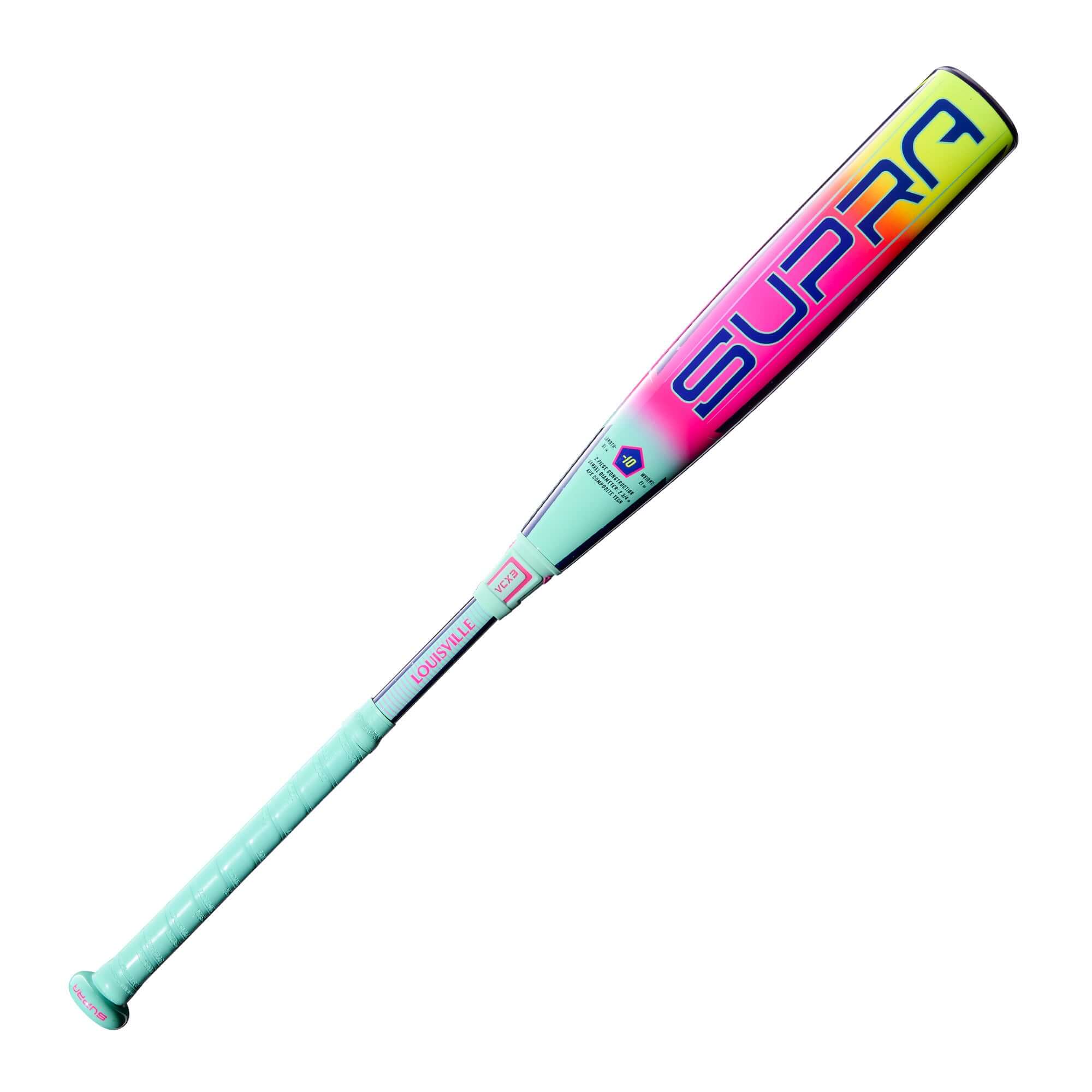 Side view of 2027 Louisville Slugger Supra (-10) USSSA Baseball Bat with colorful graphics and brand logo.