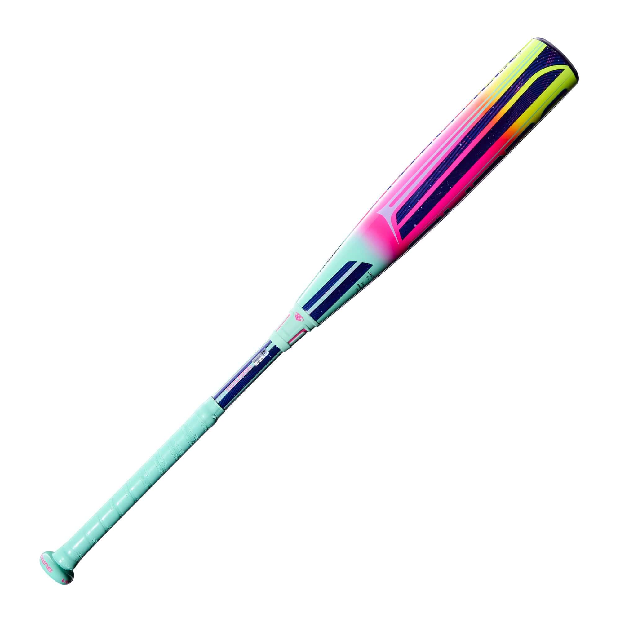 2027 Louisville Slugger Supra (-10) USSSA Baseball Bat side profile with multicolor barrel and mint green grip.