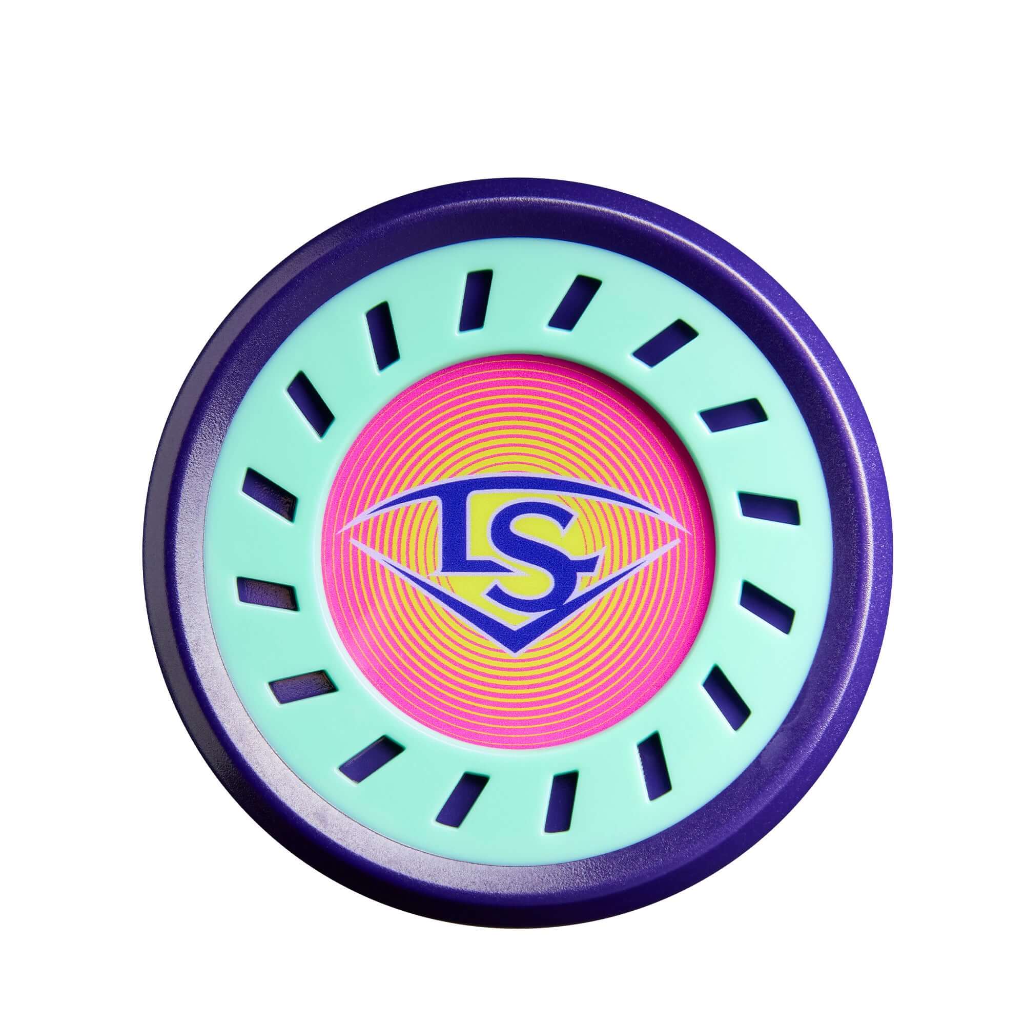 End cap view of 2027 Louisville Slugger Supra (-10) USSSA Baseball Bat featuring purple, mint, and pink design.