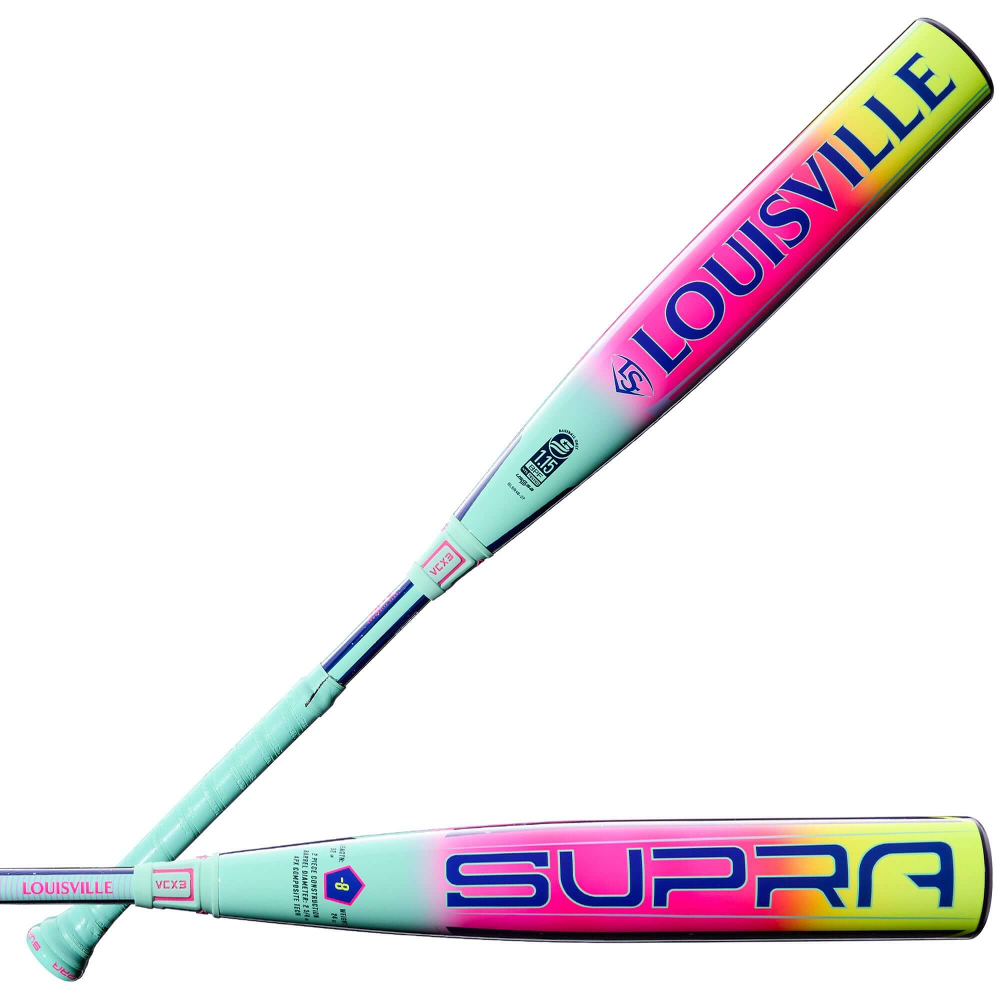 2027 Louisville Slugger Supra (-8) USSSA Baseball Bat side profile view showing colorful graphics and drop weight marking