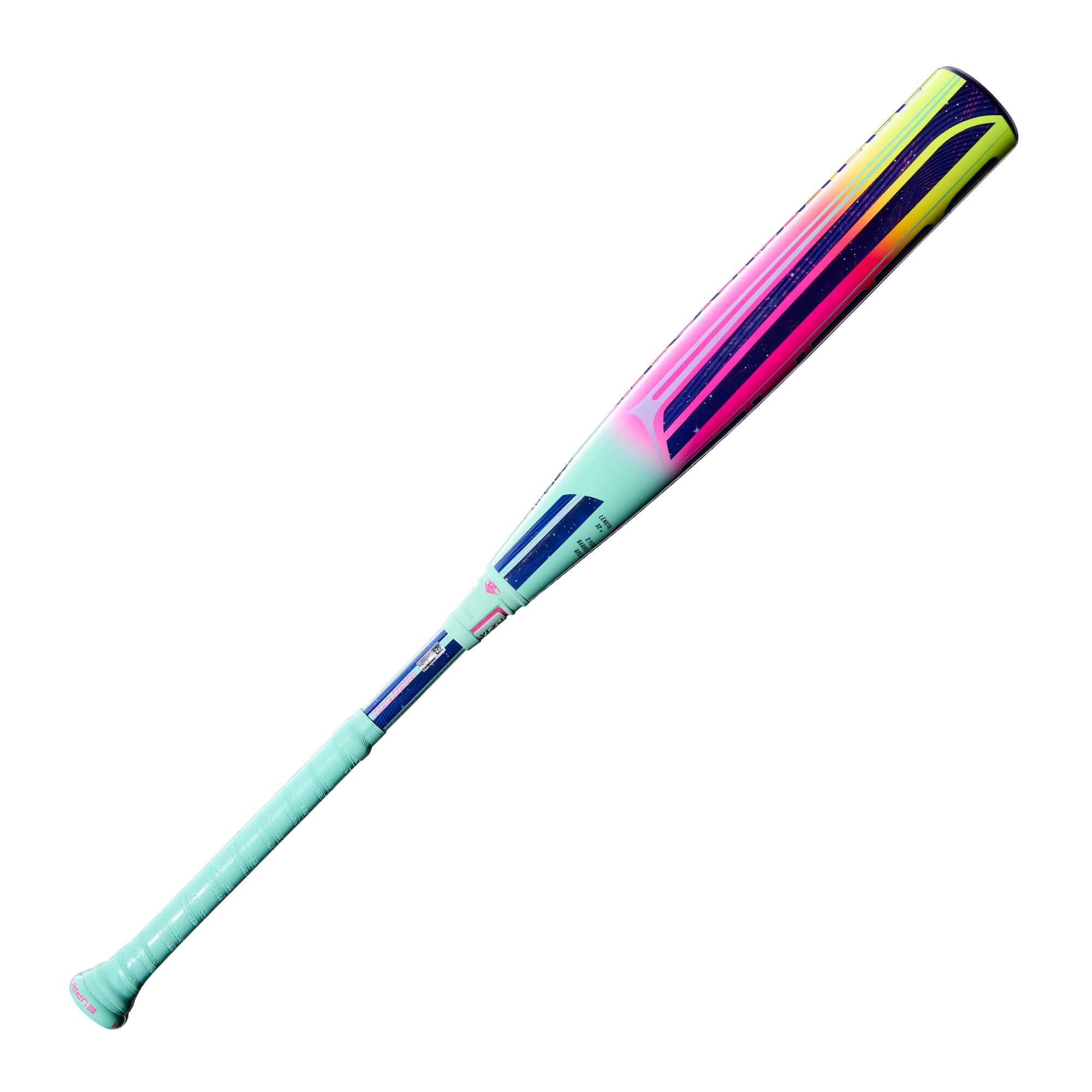 2027 Louisville Slugger Supra (-5) USSSA Baseball Bat side profile, multicolor graphics, blue handle