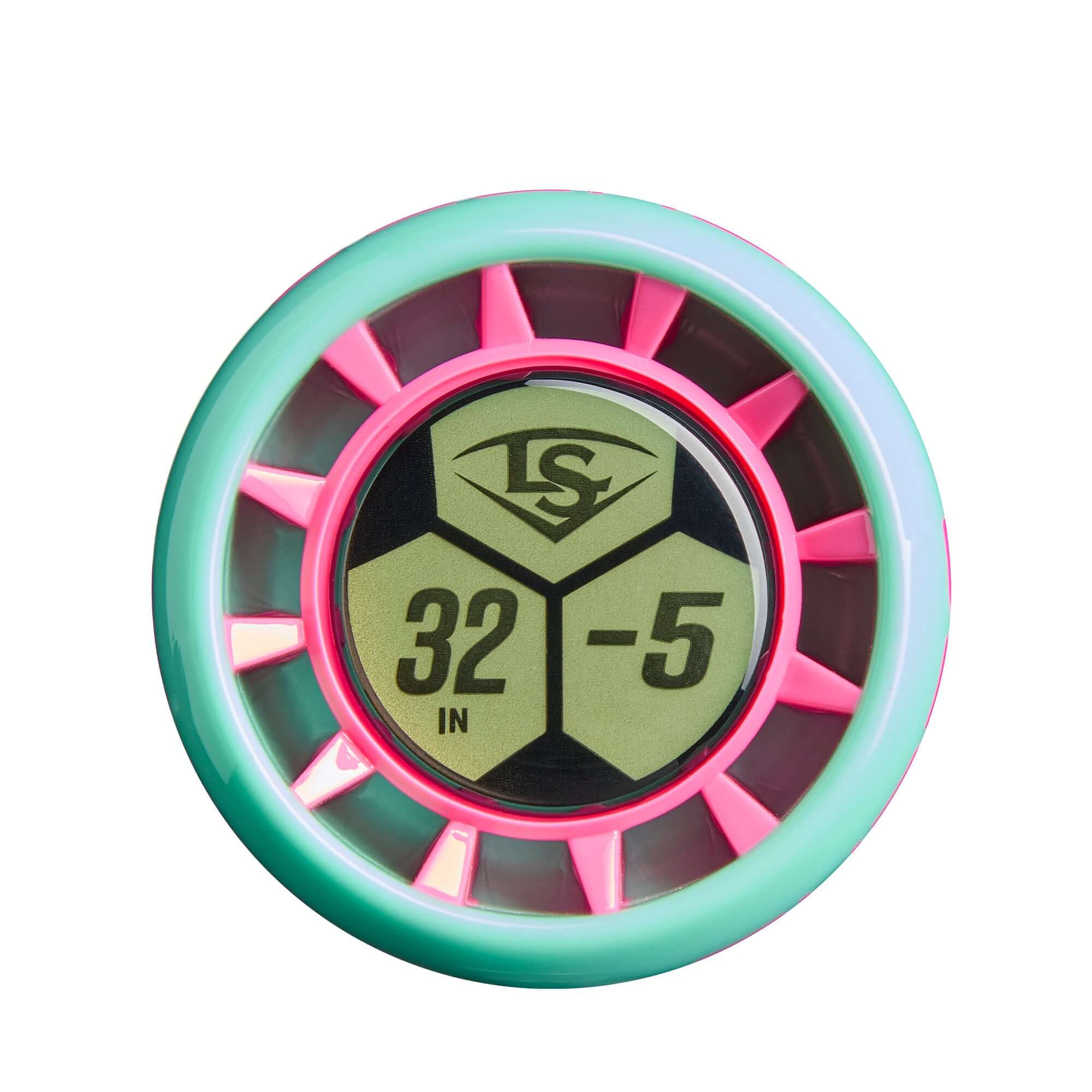End cap view of 2027 Louisville Slugger Supra (-5) USSSA Baseball Bat showing a green and pink design with logo and drop weight.