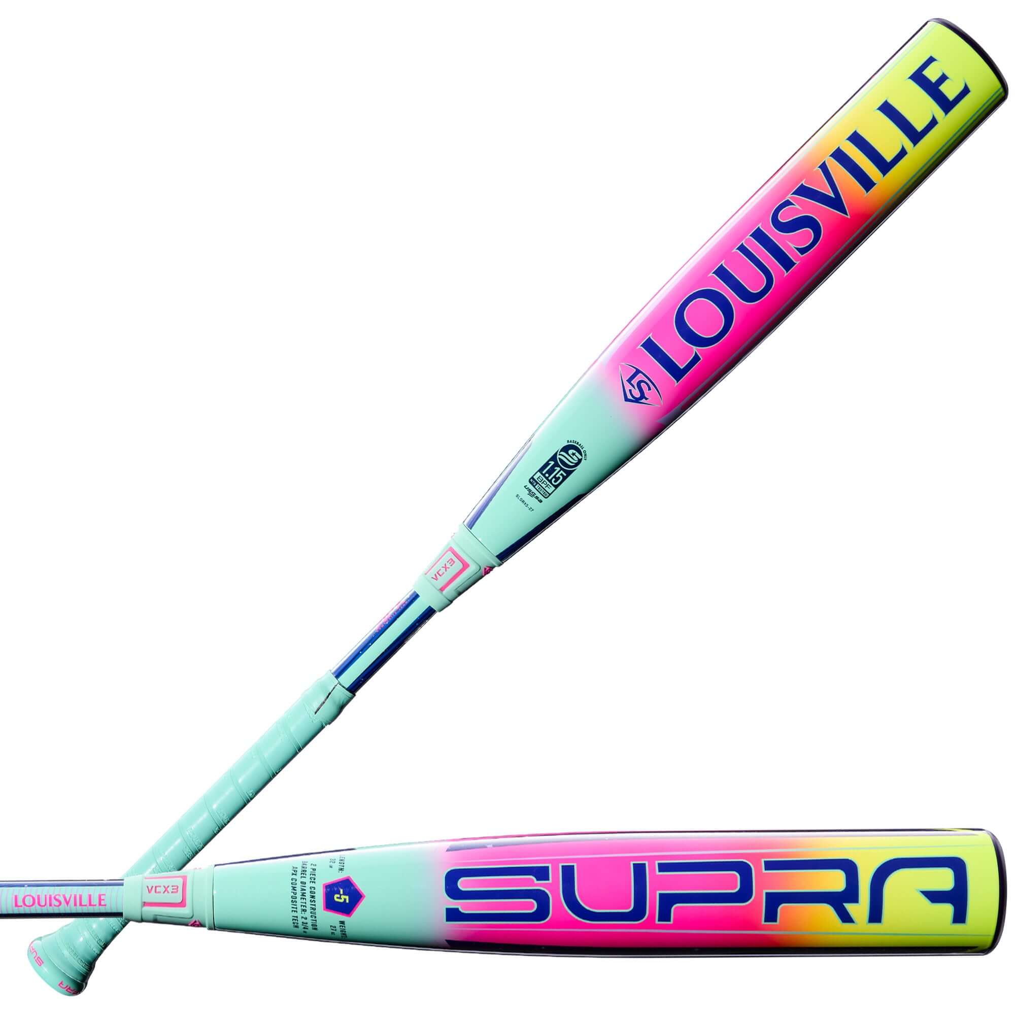 2027 Louisville Slugger Supra (-5) USSSA Baseball Bat side profile with colorful graphics