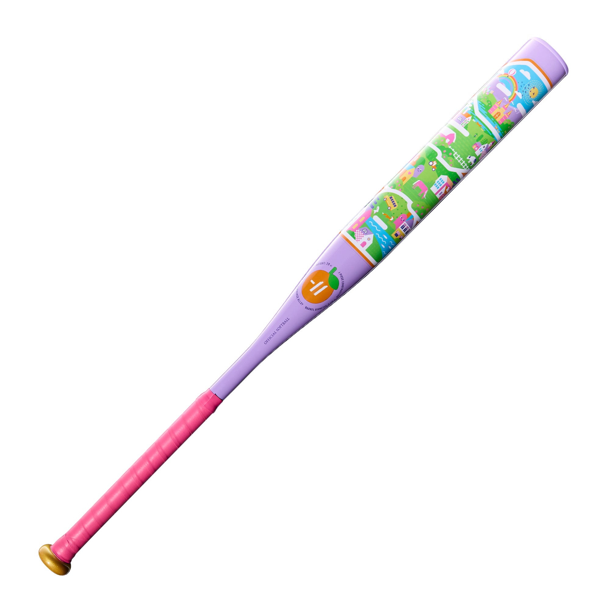 Louisville Slugger Diva Fastpitch Softball Bat front barrel view in lavender pink green and gold