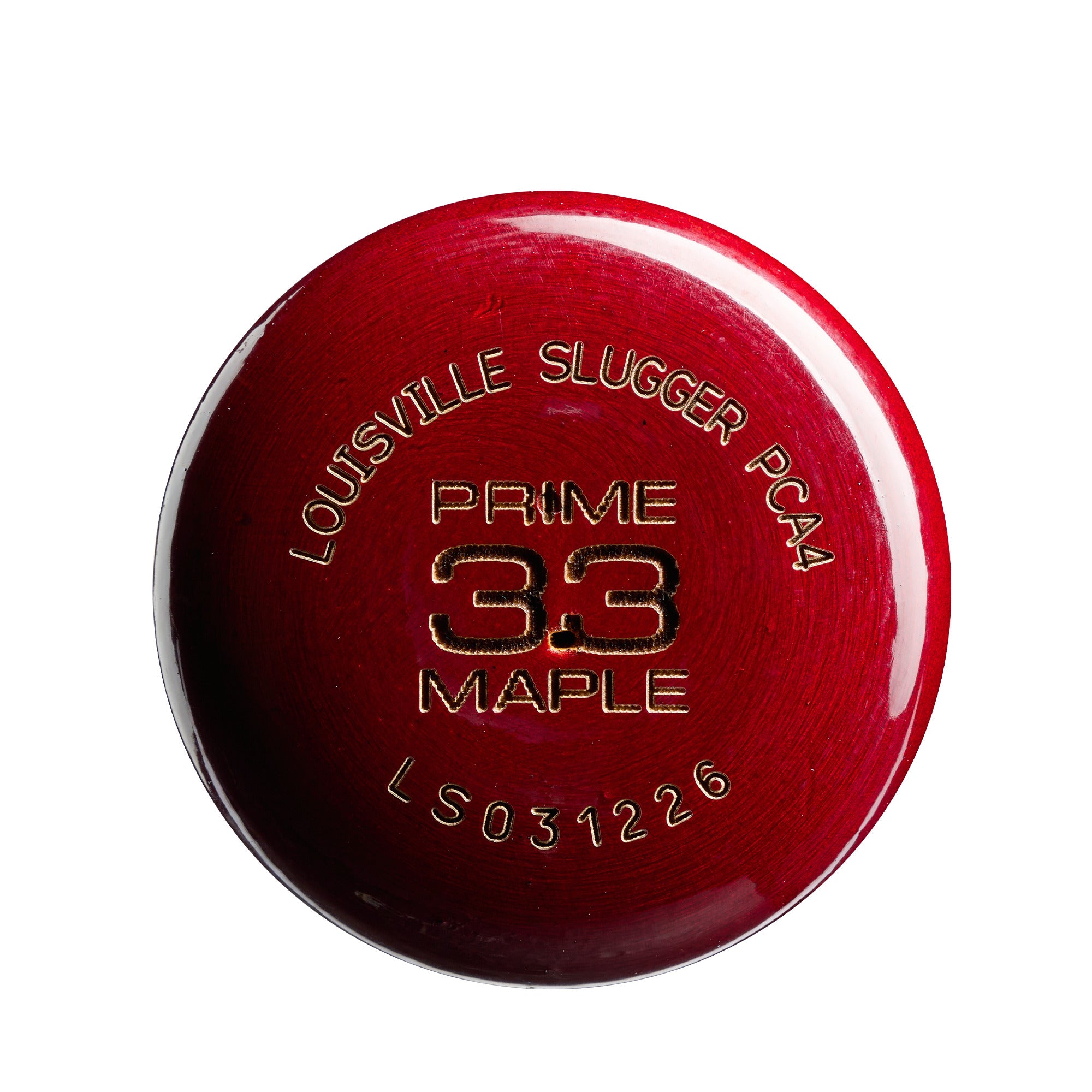 PCA4 Maple Baseball Bat end cap with Louisville Slugger text and red finish, showcasing premium craftsmanship and durability.