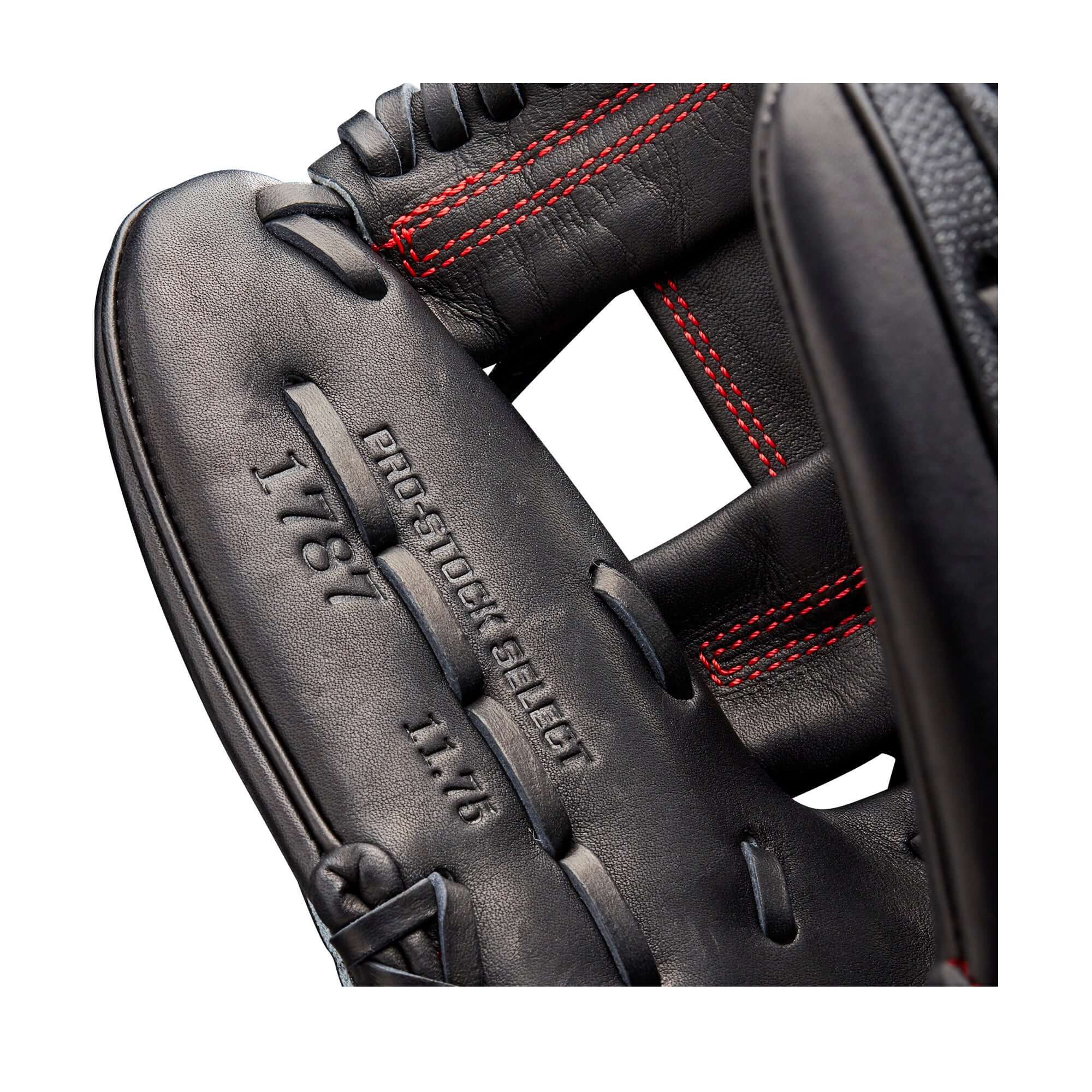 Wilson A2K 1787 11.75 inch infield glove with Black Pro Stock and SnakeSkin leather, and red Bold logos.
