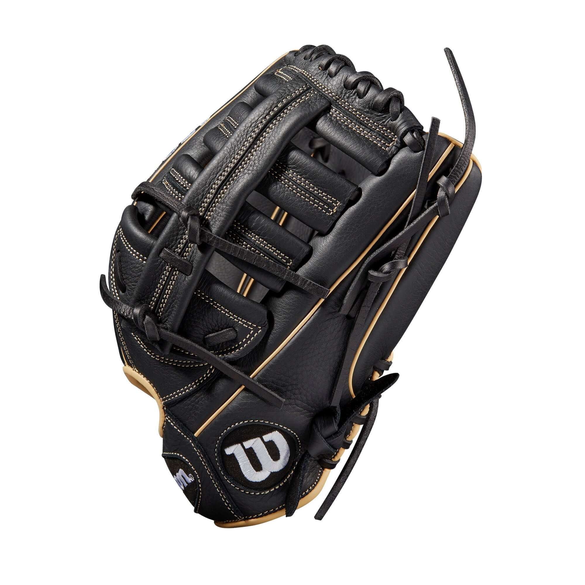 Wilson A700 12.5-inch outfield baseball glove in black, blonde, and white leather