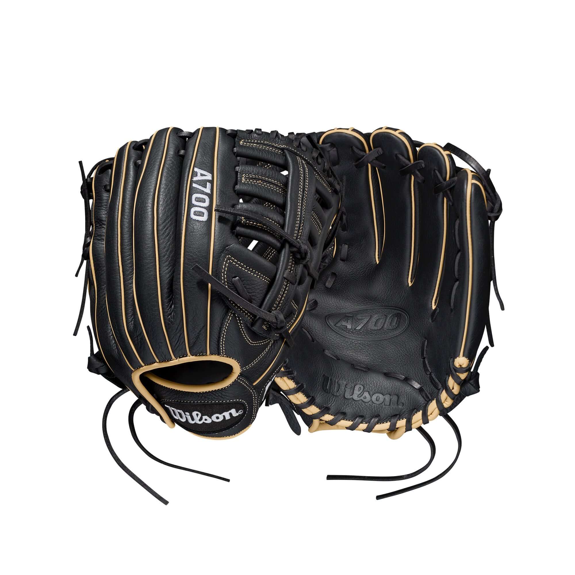 Wilson A700 12.5-inch outfield baseball glove in black, blonde, and white leather