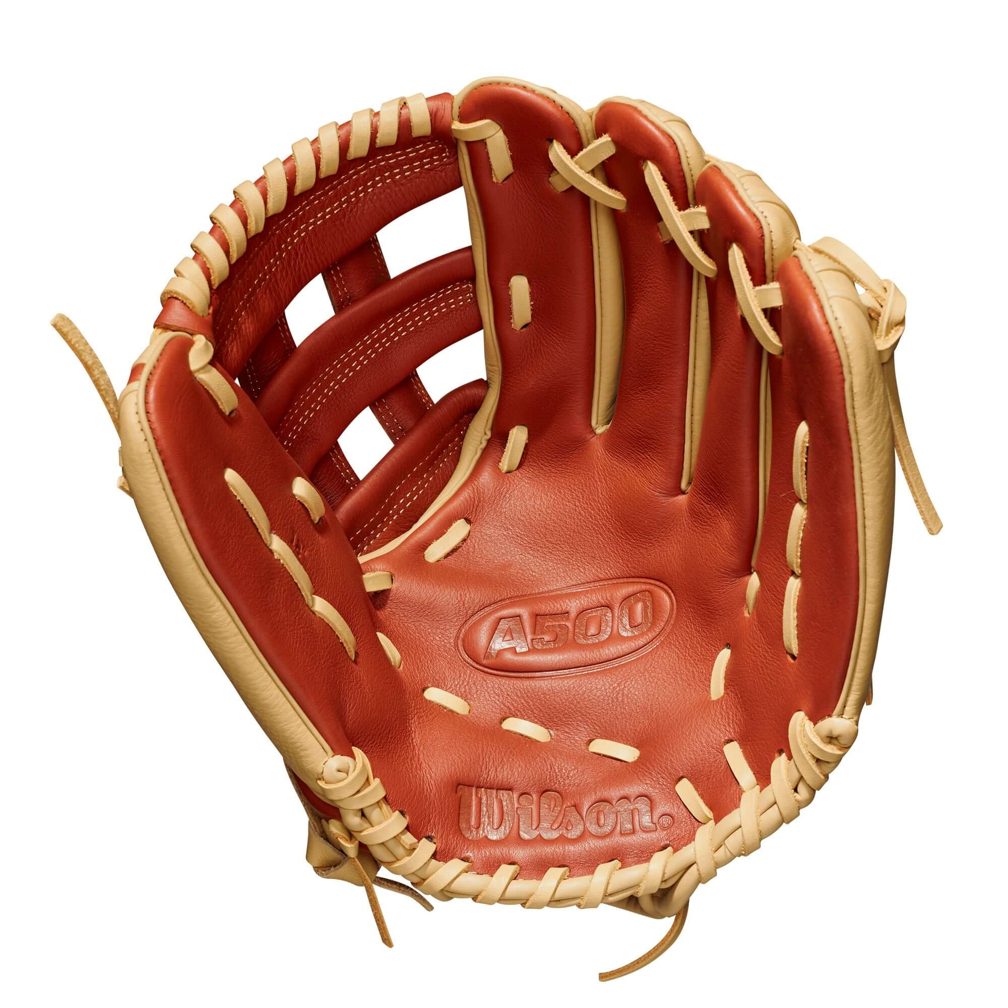 Wilson A500 12-inch baseball glove with Dual Post Web in Copper/Blonde, designed for young players.