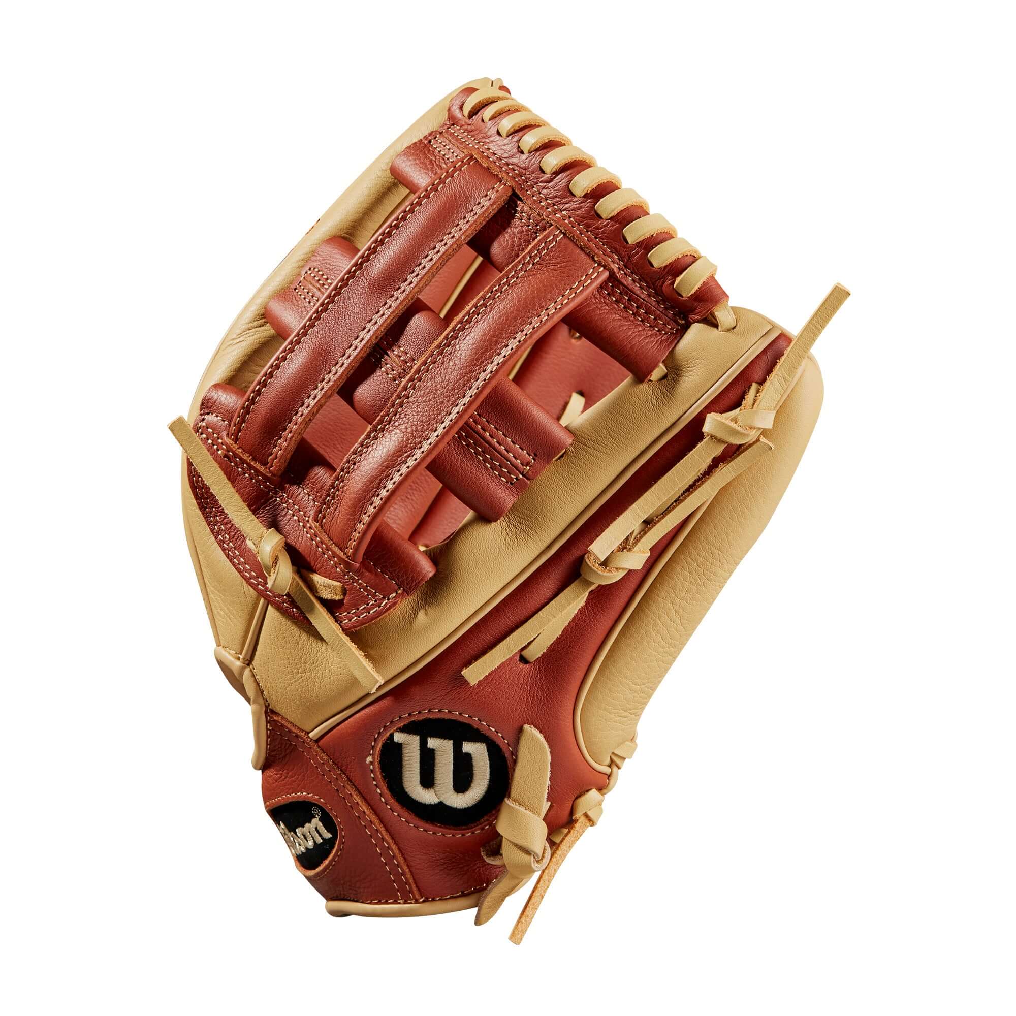 Wilson A500 12-inch baseball glove with Dual Post Web in Copper/Blonde, designed for young players.