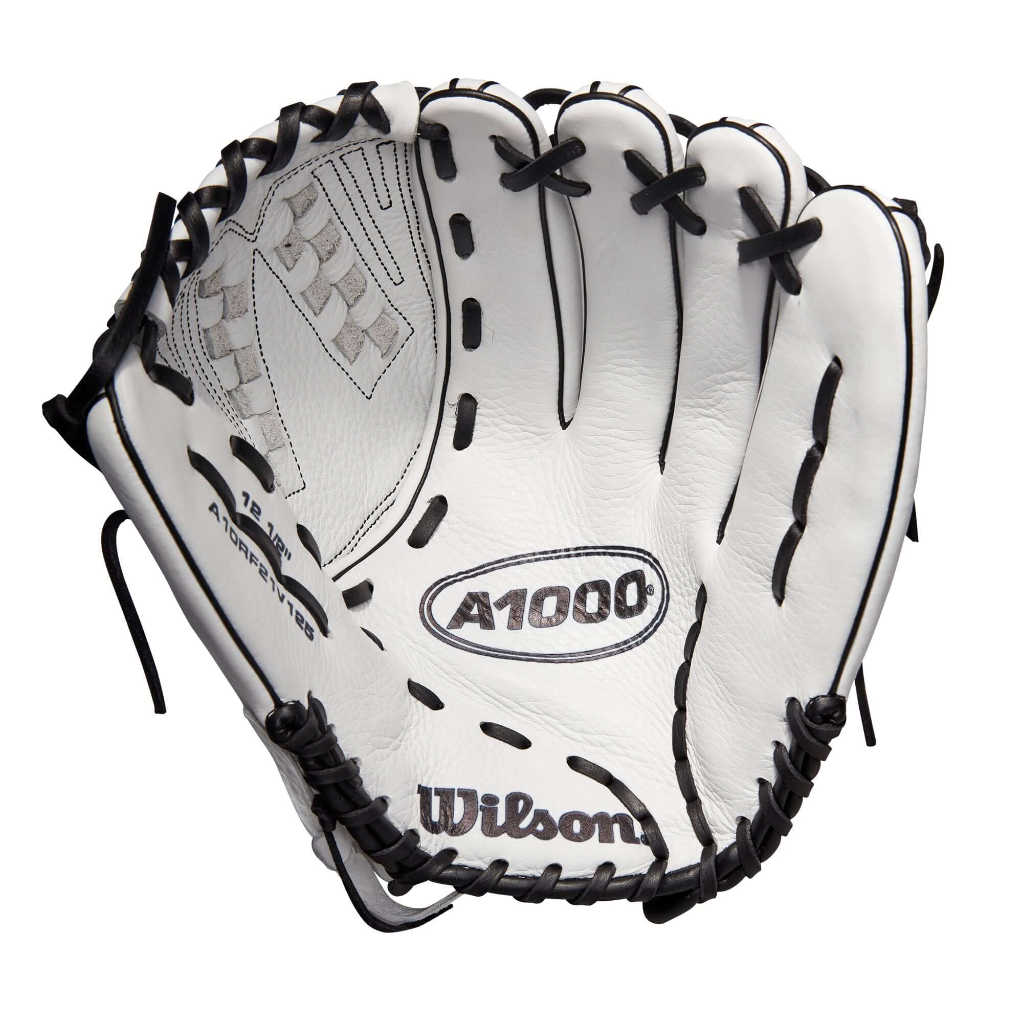 Wilson A1000 Fastpitch glove V125 12.5 White/Black/Blonde, Full Grain leather, 12.5” reach, Victory Weave Web.