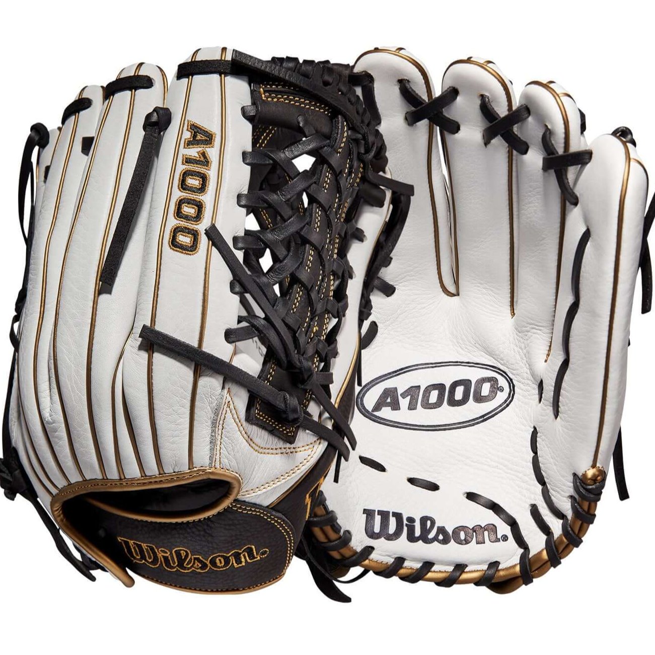 Wilson A1000 Fastpitch T125 12.5 glove in white, black, and blonde leather.