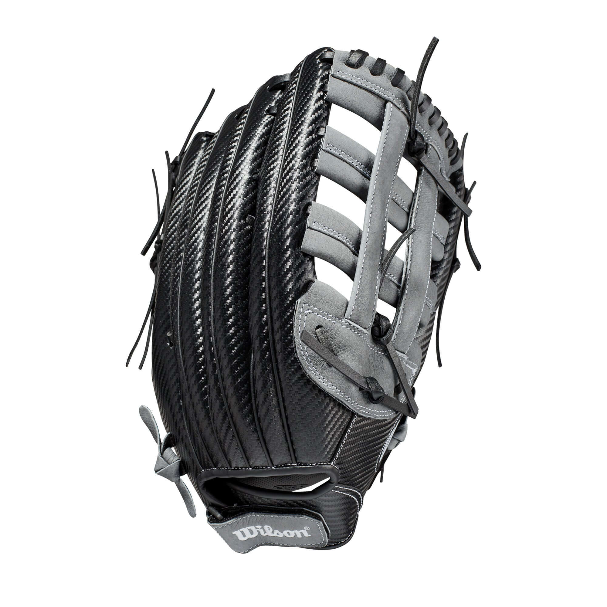 Wilson A360 Slowpitch 15-inch glove in black, graphite, and white, featuring CarbonLite Shell and Dual Post Double Bar Web.