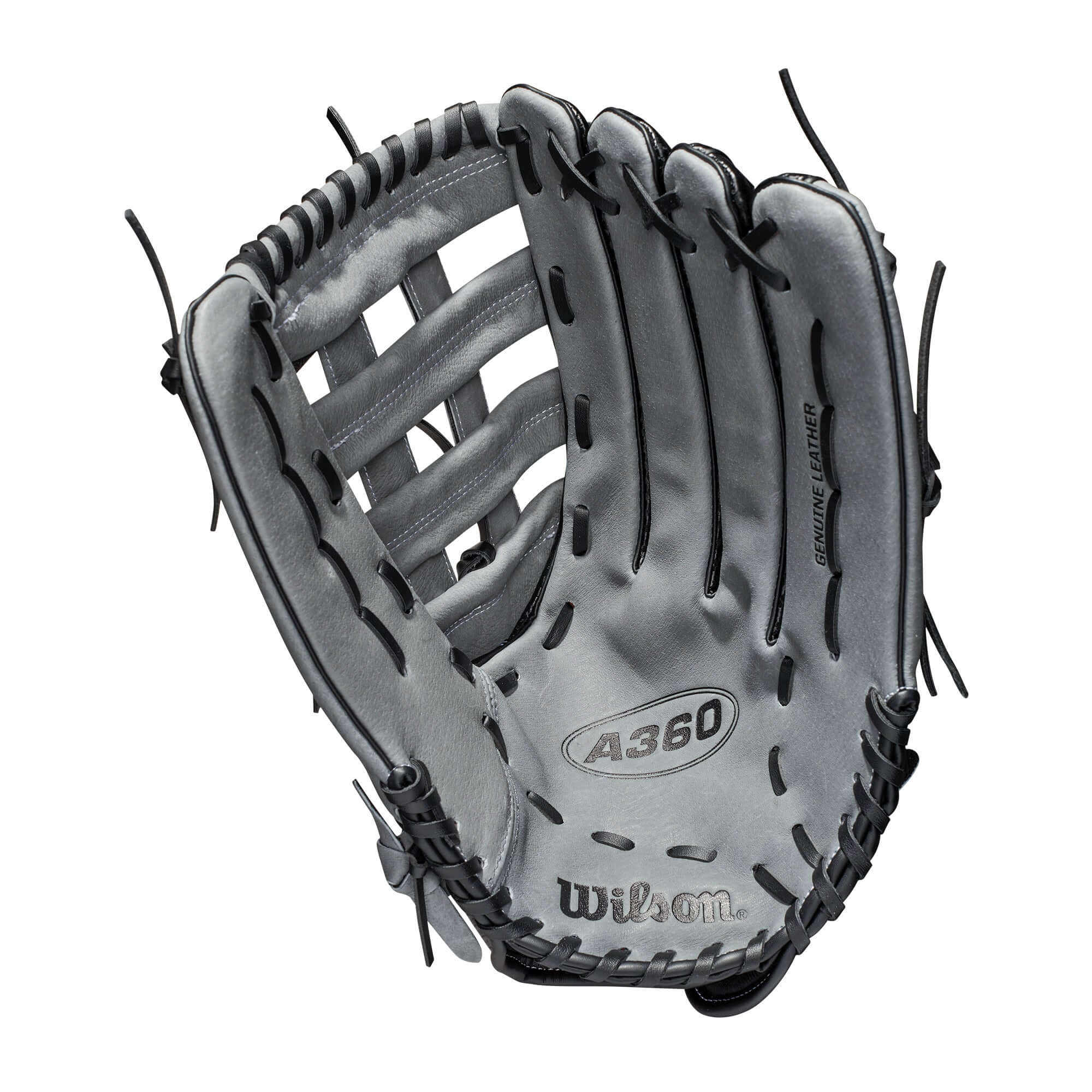 Wilson A360 Slowpitch 15-inch glove in black, graphite, and white, featuring CarbonLite Shell and Dual Post Double Bar Web.
