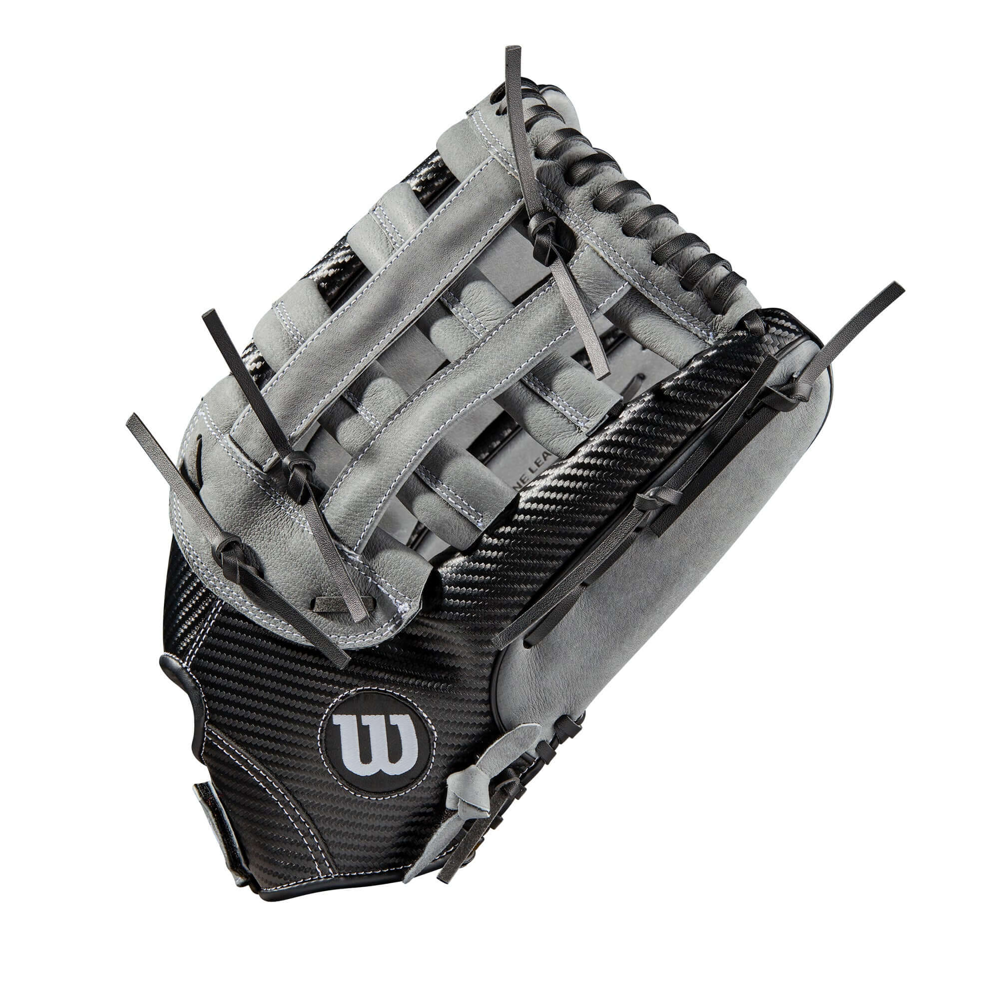 Wilson A360 Slowpitch 15-inch glove in black, graphite, and white, featuring CarbonLite Shell and Dual Post Double Bar Web.